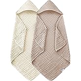 SWEET DOLPHIN Muslin Hooded Baby Bath Towels - 2 Pack 100% Cotton Towel for Babies, Infants, Toddlers - 32x32Inch - Highly Absorbent and Newborn Essential, Ivory and Brown