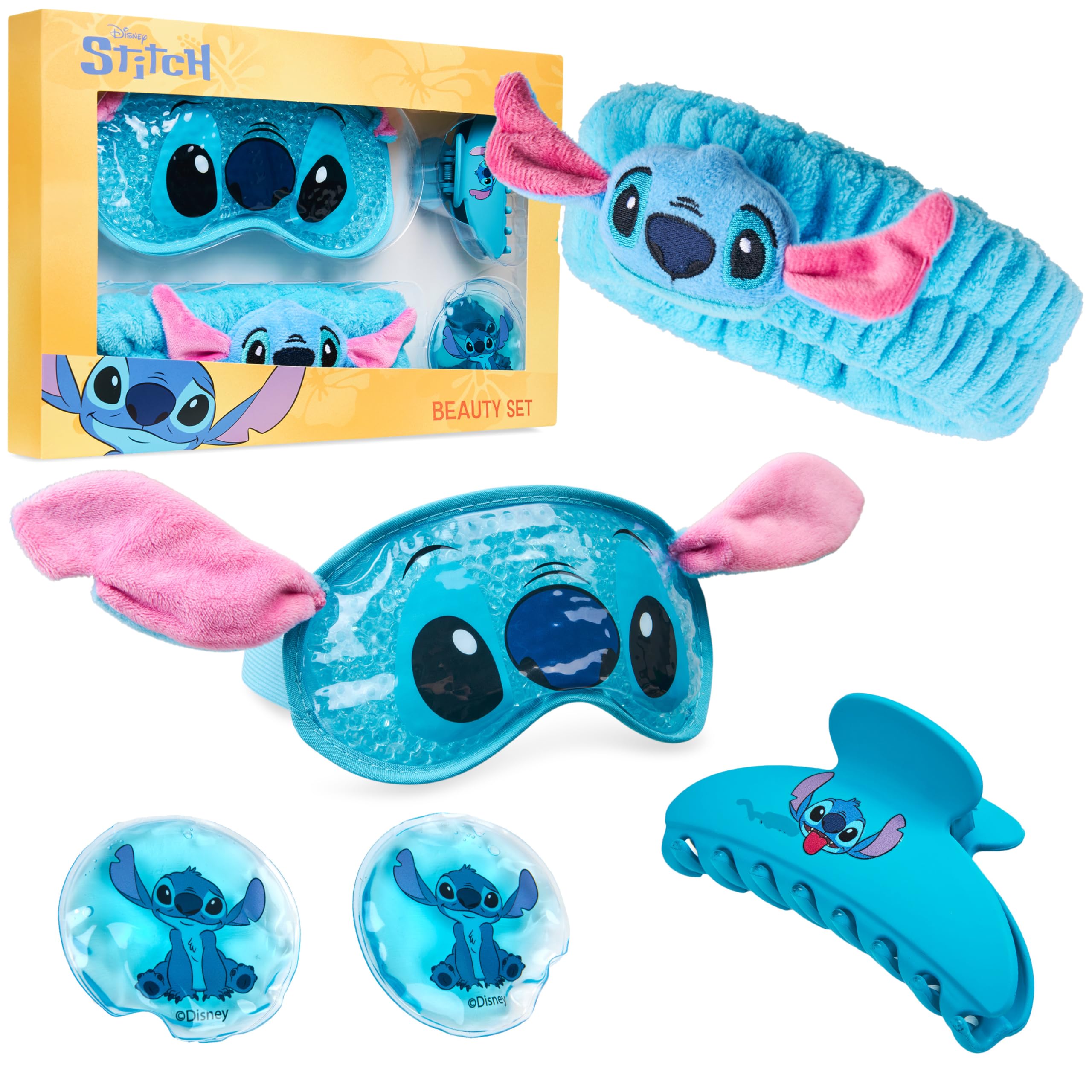 Disney Stitch Cooling Eye Mask & Beauty Accessories Set with Claw Clip Skincare Headband Soothing Cooling Eye Pads, Pampering Beauty Gifts for Women (Blue)