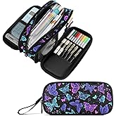 Fustylead Neon Colors Beautiful Butterfly and Heart Pencil Pen Case with 3 Compartments, Lightweight & Spacious Stationery Bag Cosmetics Bag