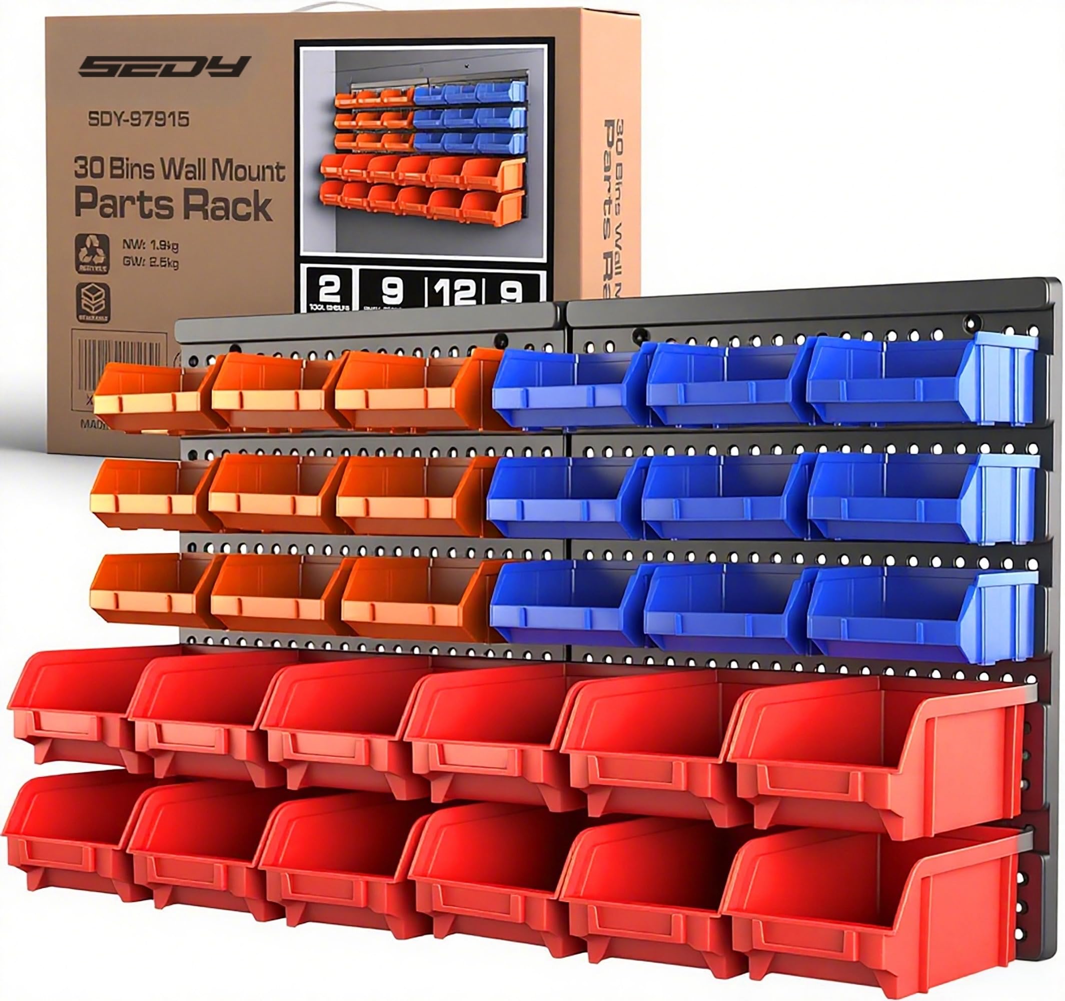 Photo 1 of (MISSING 6 BINS) SEDY 30-Bin Wall-Mounted Storage Rack System - Heavy-Duty Garage Tool Organizer for Screws, Nuts, Bolts, Nails, Beads, and Small Hardware Parts - Easy Installation and Customizable