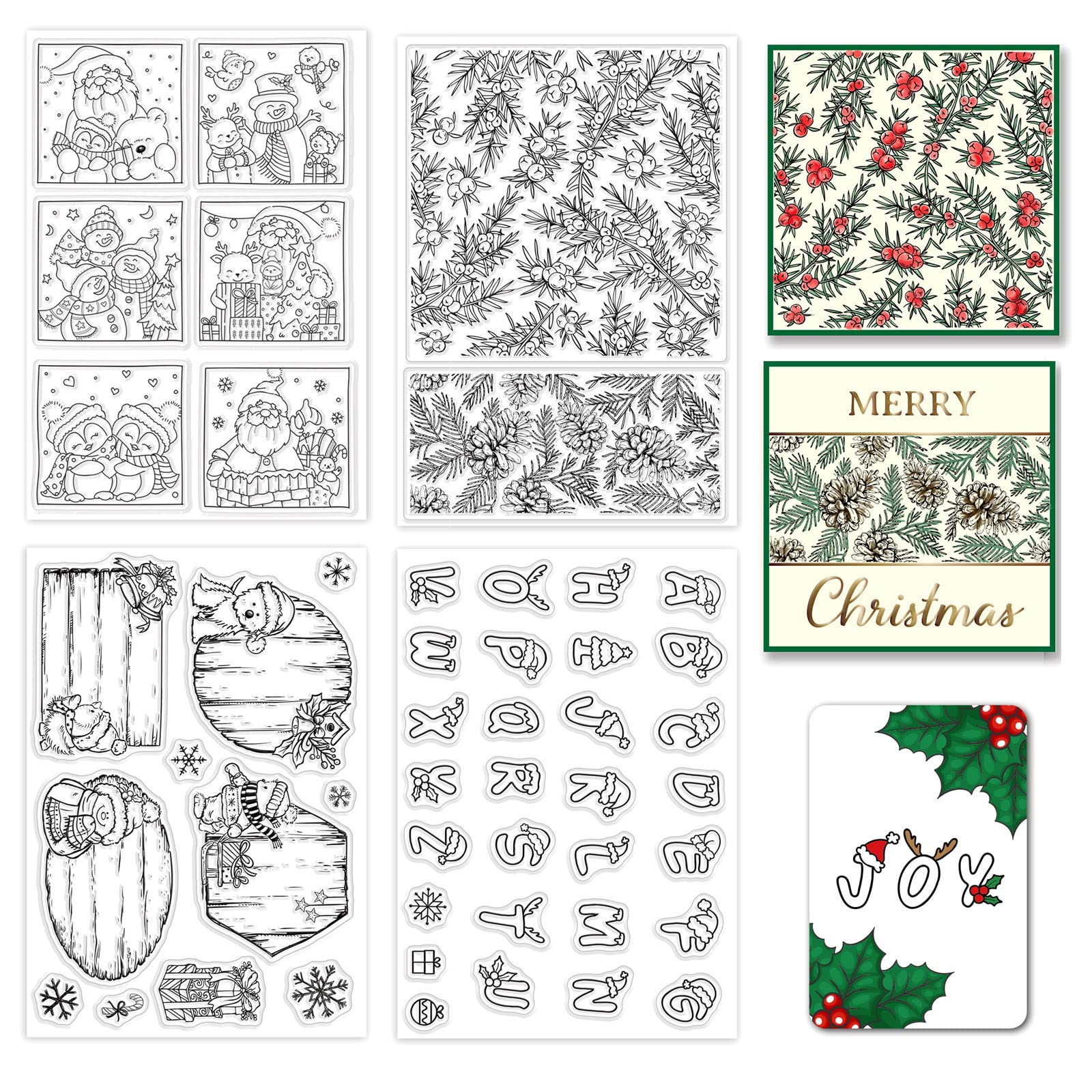 CRASPIRE 4PCS Christmas Silicone Clear Stamps A-Z Initials Snowflake Gift Christmas Holly Patterns Clear Stamps for Card Making Decoration DIY Scrapbooking Embossing Album Decor Craft