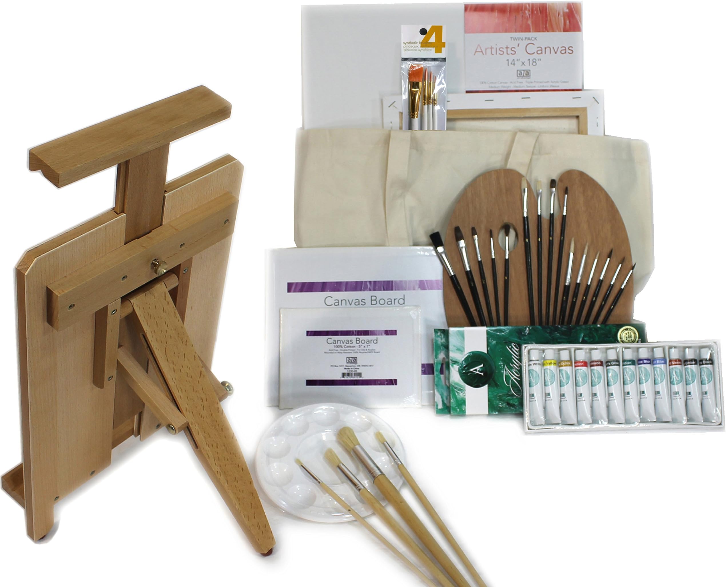 Ultra Portable Heavy Duty Table Easel with 24 Acrylic Paint Tubes Set Canvases Brushes Instruction Book and More