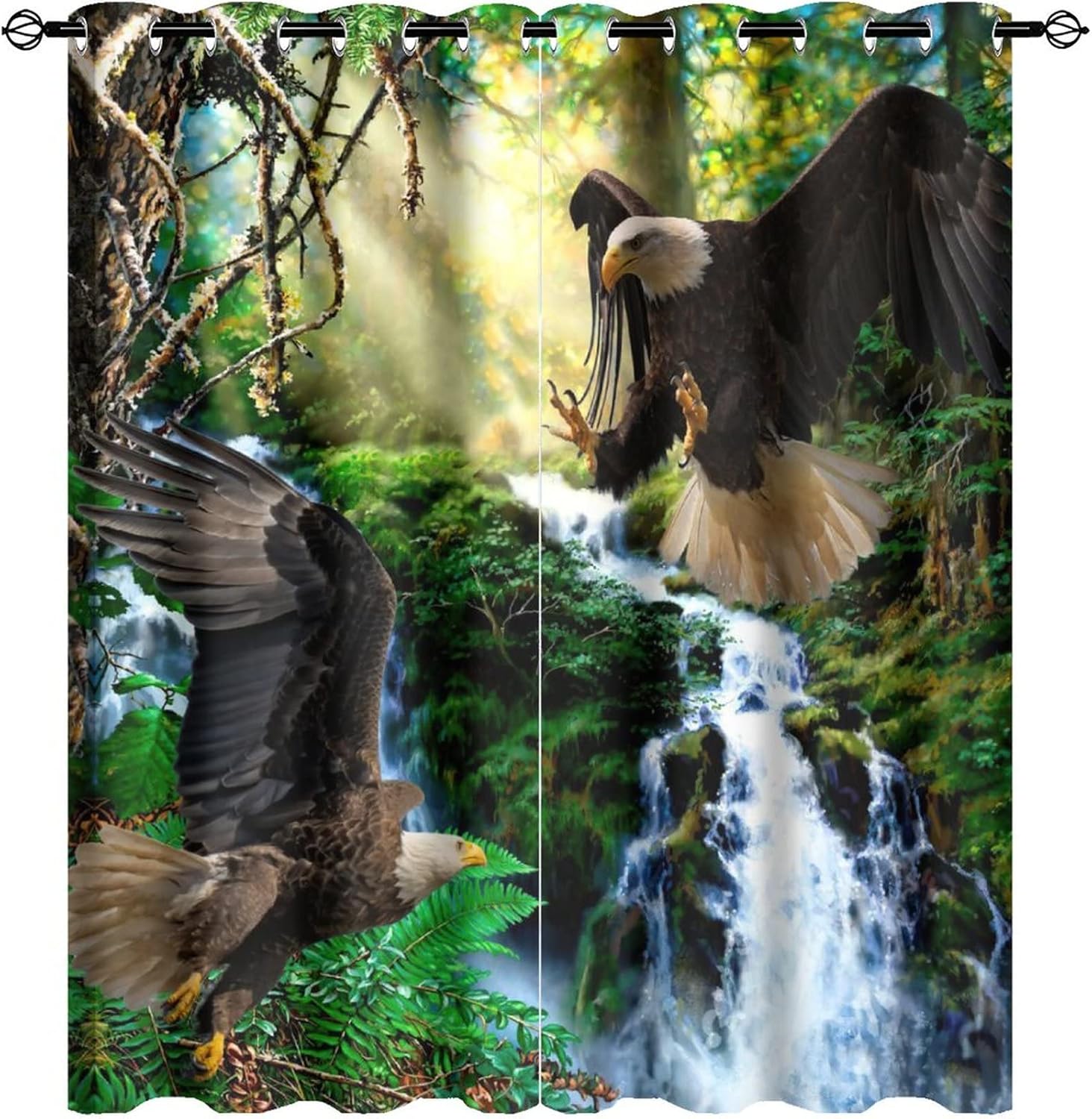 Outdoor Curtains - Kazynee Nature Forest Wildlife Eagle Ultra Soft Premier Blackout Curtains,Flying Bald EagleThermal Insulated Bedroom Noise Reducing Patio Door Grommet Top,2 Panels 63L x 27.5W