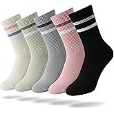 HYAOFUE Womens Striped Crew Socks, Cotton, Casual, Size 5-10, 5 Pairs