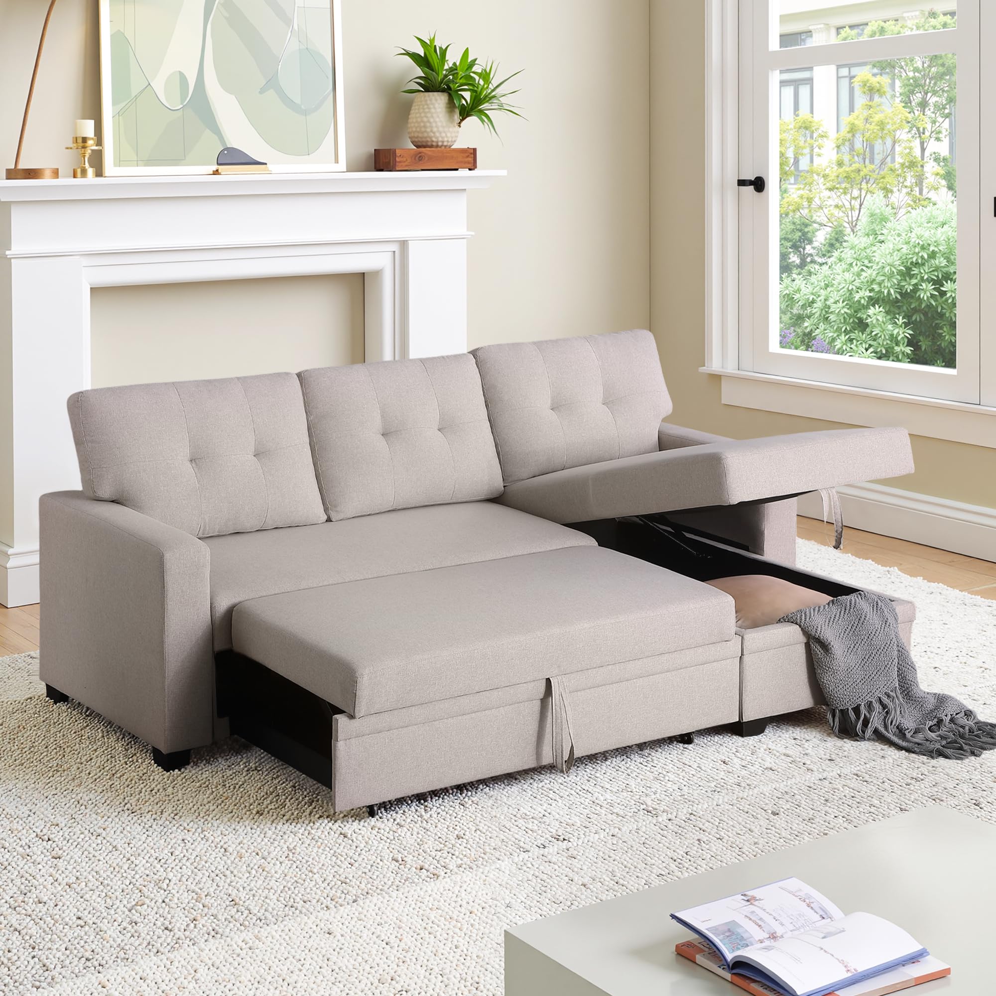 Photo 1 of Lyngins L Shaped Sleeper Sofa Bed with Storage Chaise, 53 Inch Pull Out Sofa Couch Bed for Living Room Sectional Linen Couch for Apartment, Bedroom, Living Room, 3 Seat, Beige