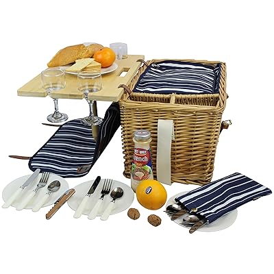 Picnic Basket for 4 Removable Bamboo Table Cotton Canvas Top Cover [4 Person Set] INSULATED Cooler Waterproof Picnic Blanket, Ceramic Plates, Metal Flatware, Wine Glasses Wooden Bottle Opener