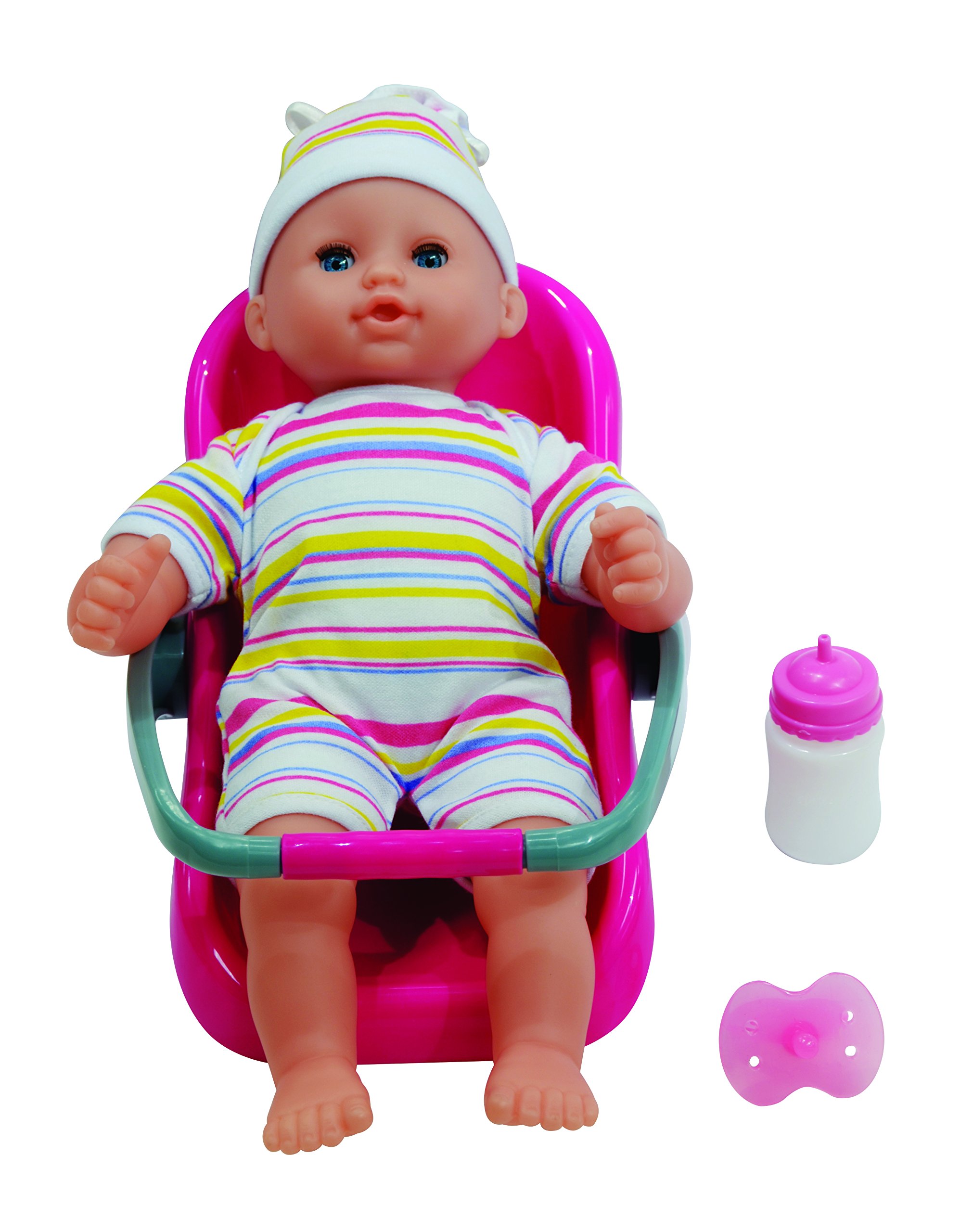 DOLLSWORLD from Peterkin | Baby Travel Set Doll | 30cm soft bodied doll with 16 real baby sounds! Includes removable outfit, dummy, bottle and car carrier | Dolls & Accessories | Ages 18m+