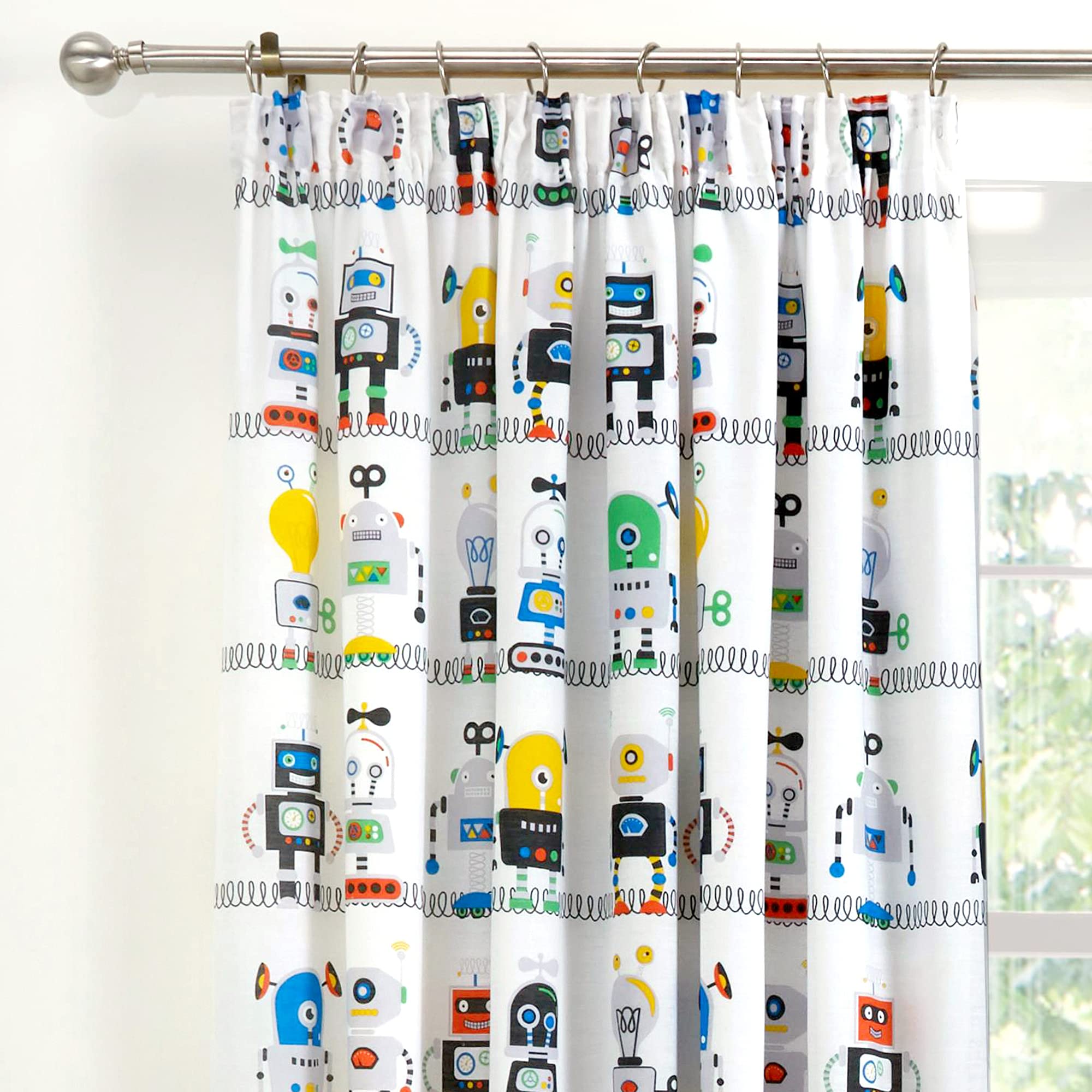 Bedlam - Robots - Kids Pair of Pencil Pleat Curtains - 66" Width x 72" Drop (168 x 183cm) in Blue