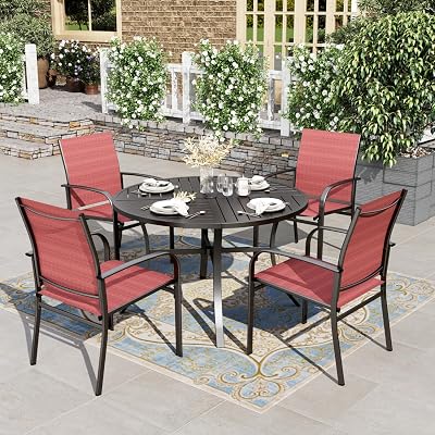 HERA'S HOUSE 5 Pieces Patio Dining Set, Outdoor Table and Chairs Set for 4, 4 x Red Textilene Dining Chair and 42" Metal Round Table for Lawn Garden Backyard Deck