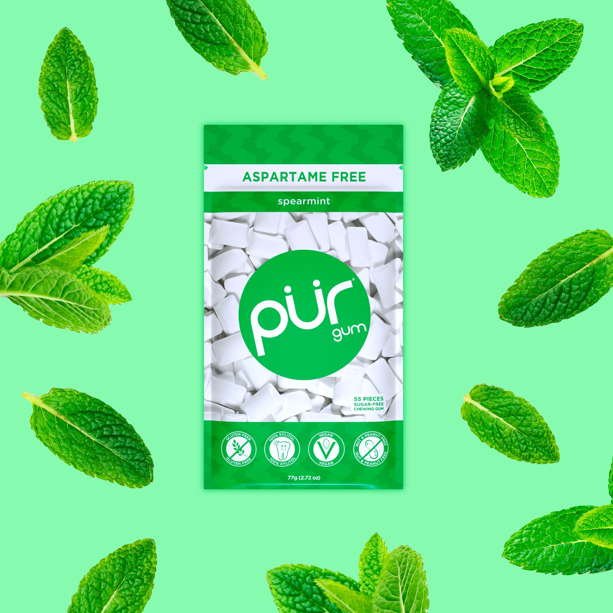 PUR Gum | Zuckerfreier Kaugummi | Mit Xylit | Vegan, Aspartamfrei & Glutenfrei | Natürlicher Kaugummi Mit Spearmint-Geschmack, 55 Stück (3er Pack) 3