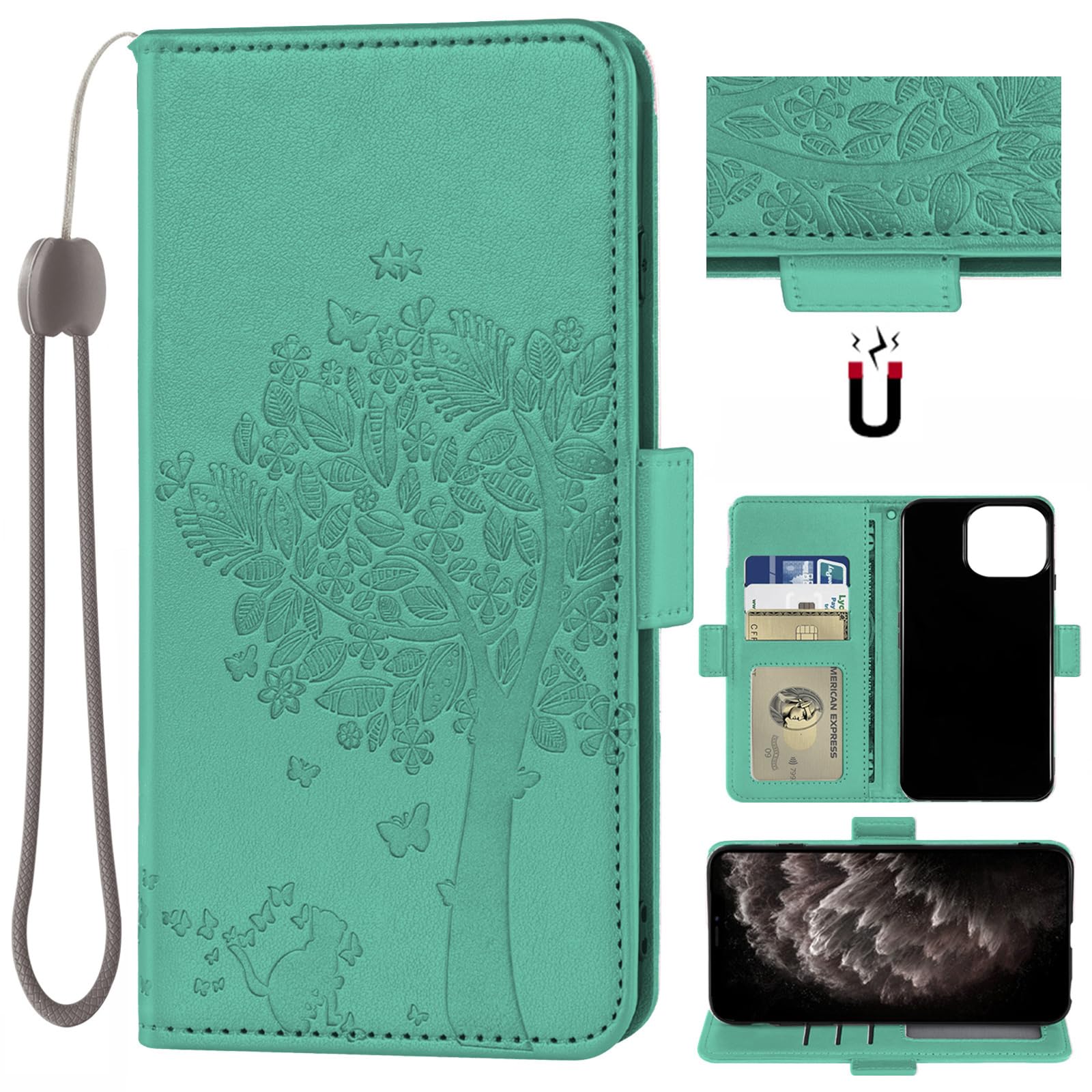 Auotu PU Leather Flip Wallet with Tree Pattern Mobile Phone Case Leather Cover Case for Cubot P80 Smartphone (Green)