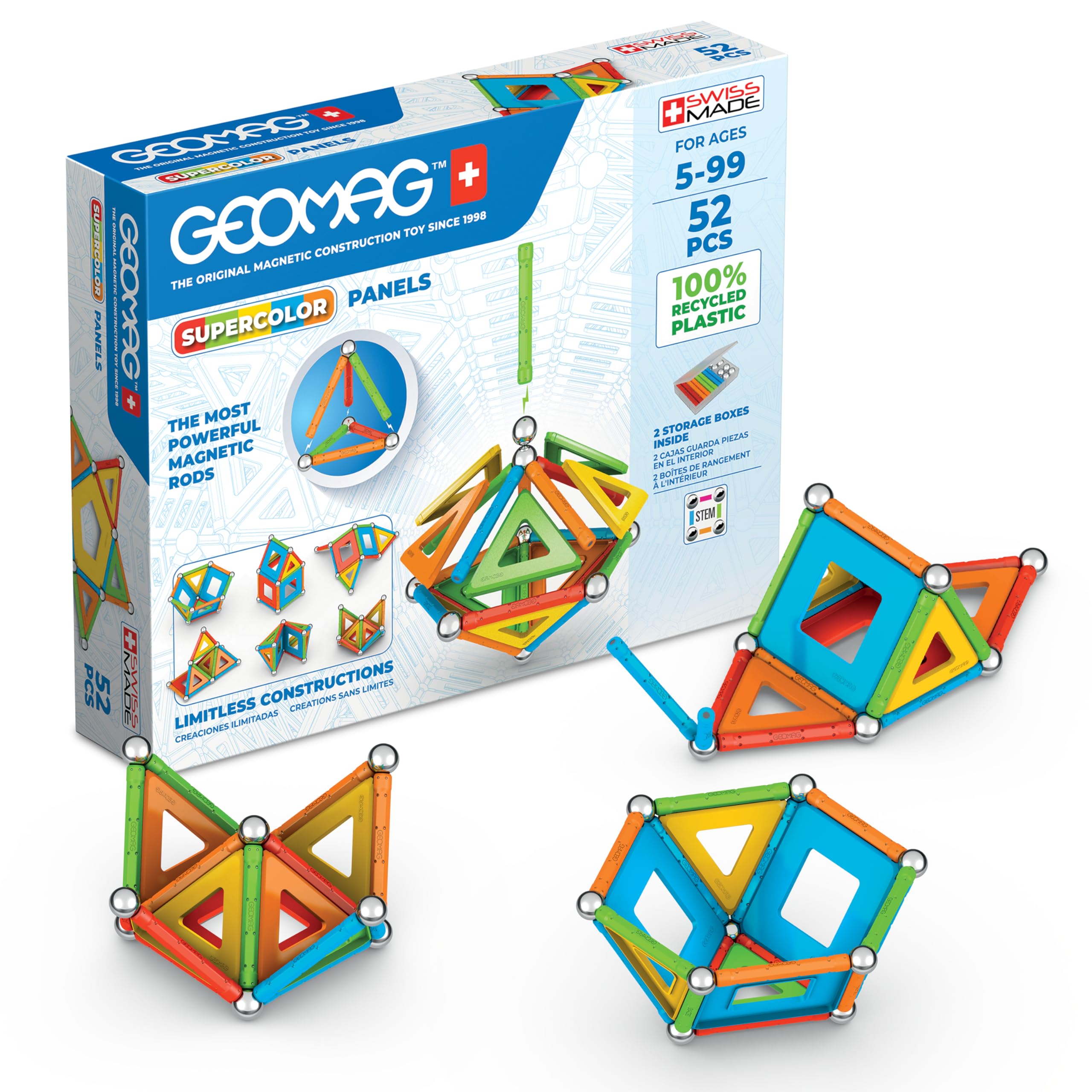 Geomag, Supercolor Recycled, Magnetic Constructions, Colorful Bars and Panels, 42-Piece Pack, 100% Recycled Plastic, White