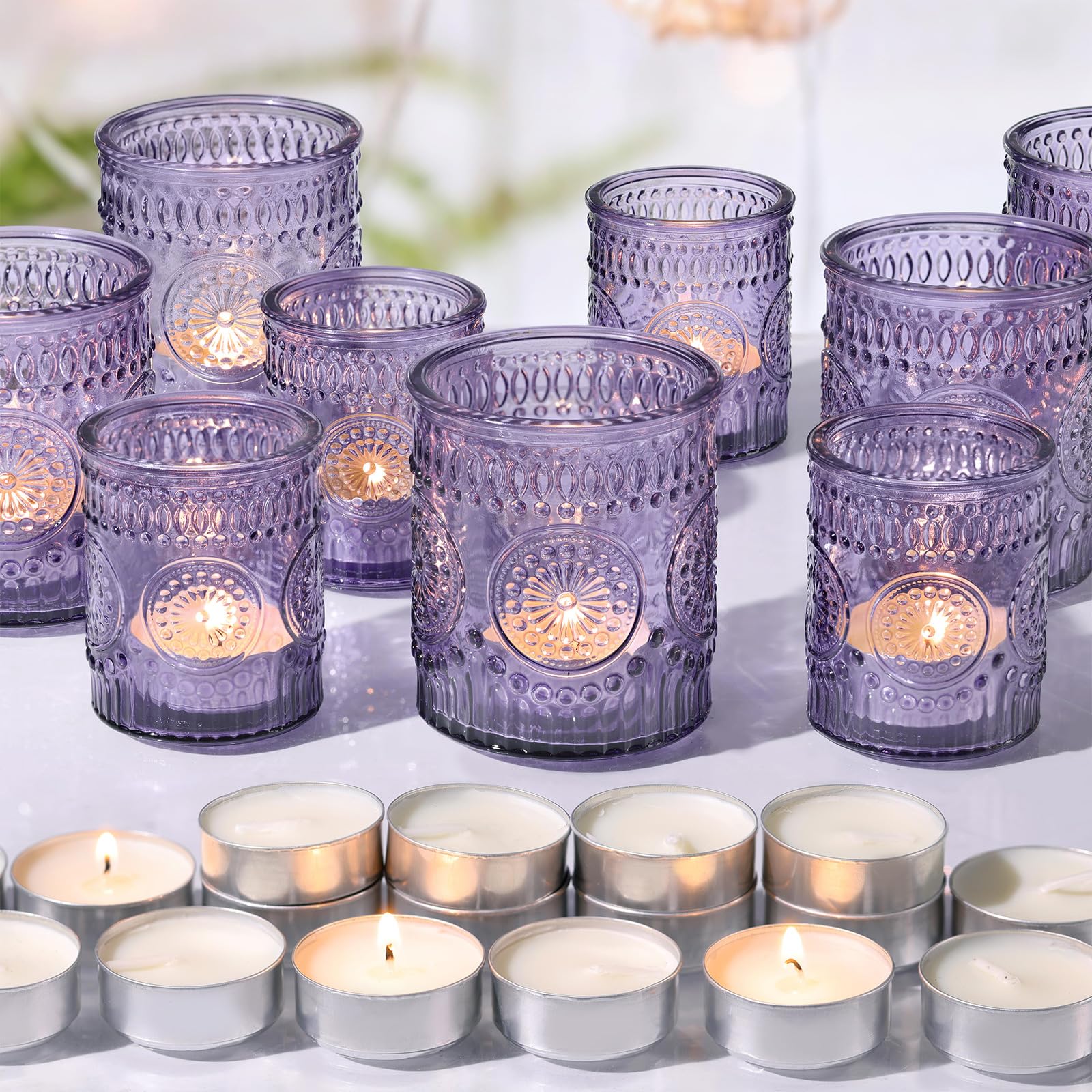 Photo 1 of Volens 20pcs Assorted Purple Votive Candle Holders with 20pcs Tealight Candles, Large Glass Votive & Tea Light Candle Holder for Wedding Table Centerpieces, Christmas Party Decorations, Home Decor