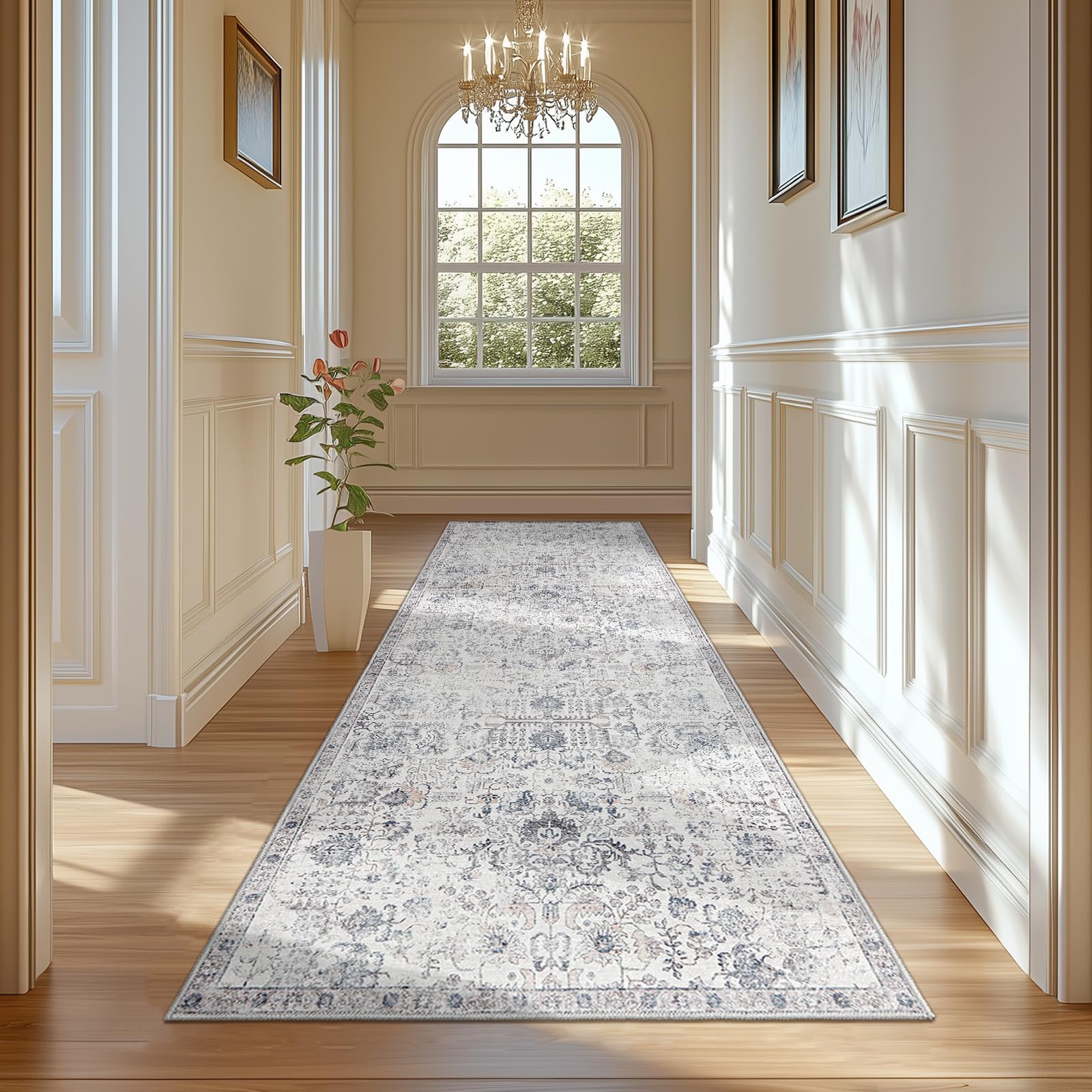 Photo 1 of jinchan Runner Rug 3x8 Washable Hallway Rug Vintage Indoor Thin Retro Floor Cover Distressed Gray Floral Country Lightweight Non Slip Carpet for Entryway Bathroom Kitchen Bedroom Living Room Grey