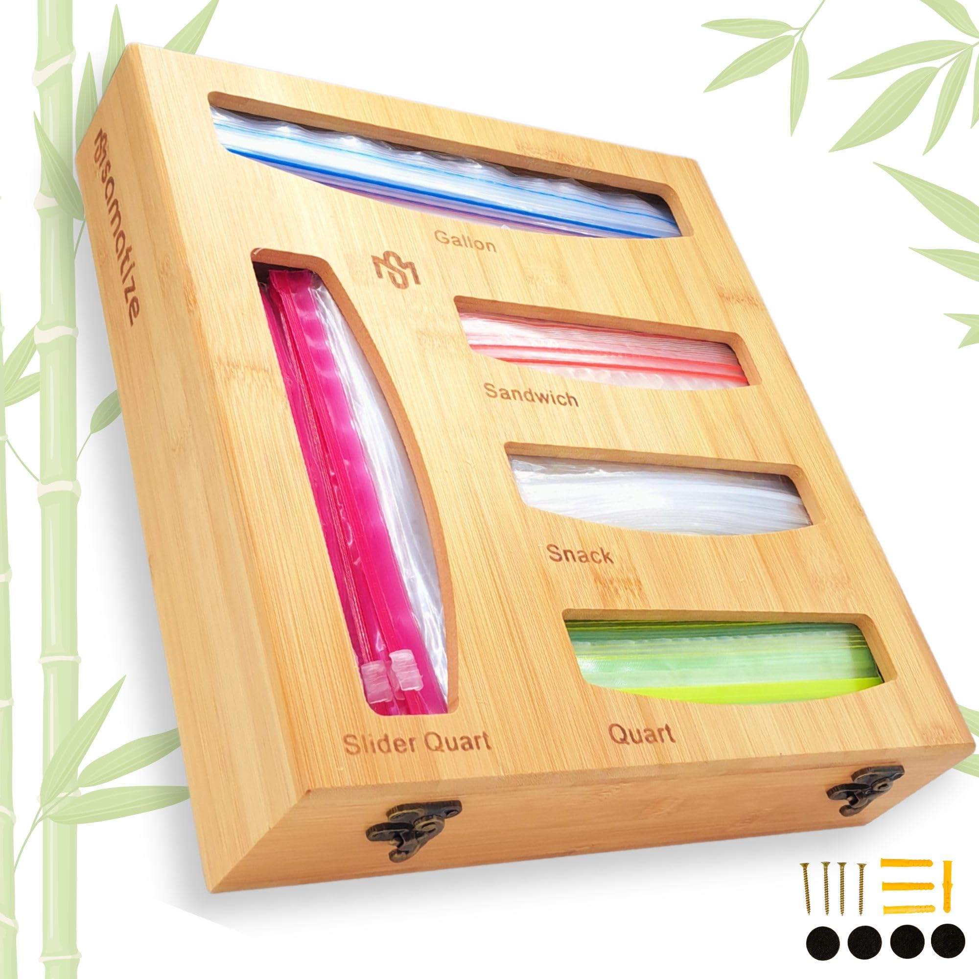 Photo 1 of SAMATIZE Storage Bag Holder, Baggie Organizer for Drawer or Wall Mount, Compatible with Gallon, Quart, Sandwich, Snack Size Bags, 1 Box 5 Slots, Bamboo Drawer Organizer, Baggie Holder