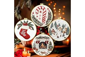 Zhenqing 11 Count Stamped Cross Stitch Kits for Adults Beginners, Hand Embroidery Christmas Ornaments kit with Instructions Embroidery Hoops,Christmas Stocking-Four-Piece Set(68446)