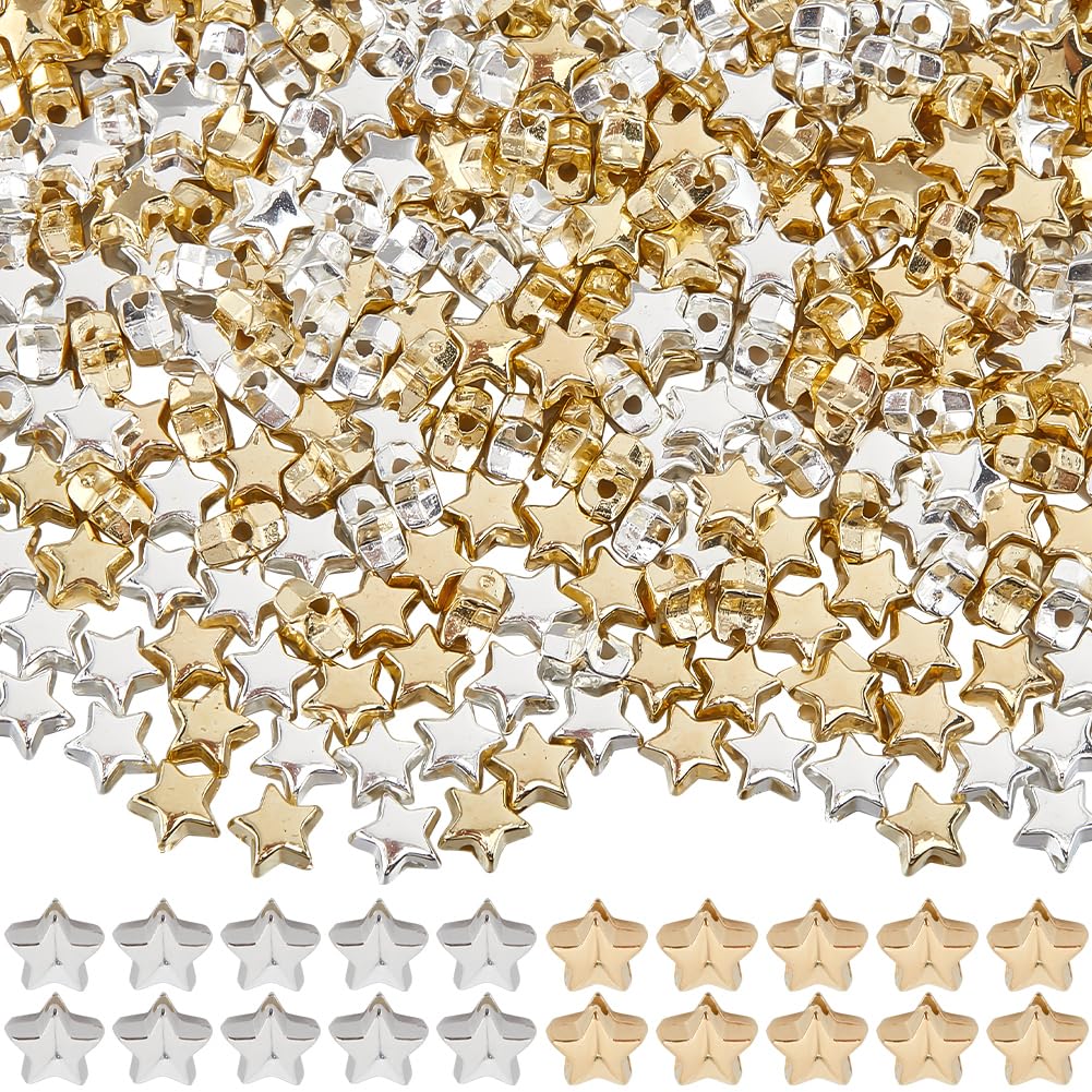 SUNNYCLUE 1 Box 600Pcs Silver Star Bead Gold Stars Beads Bulk CCB Plastic Bead Spacers 6mm Mini Five-pointed Star-shape Pony Loose Beads Charms for Bracelets Necklaces Earrings jewellery Making Suppli