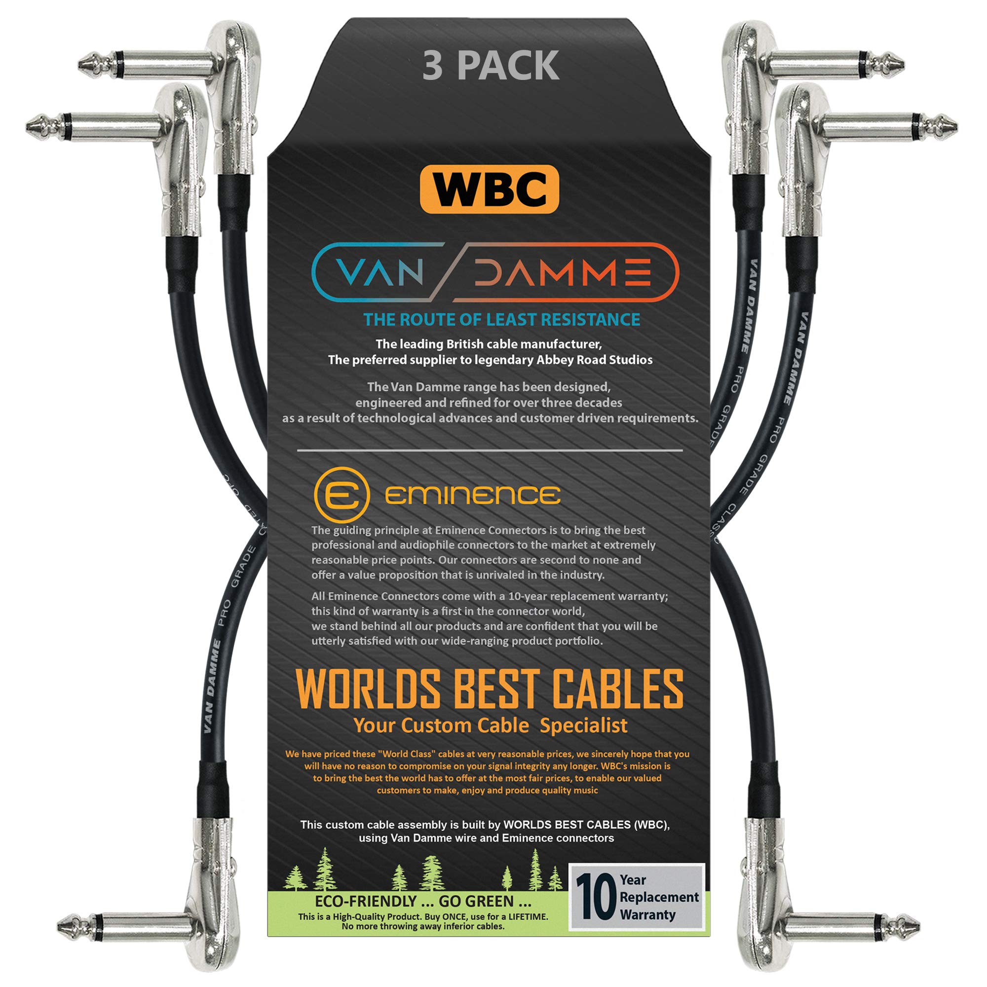 3 Units - Van Damme Pro Grade Classic XKE - 10 cm – Ultra-Flexible Multi-Shielded Guitar Bass Effects Instrument, Pedal Stomp Patch Cable - w/Low-Profile, R/Angled Pancake (6.35mm) TS Connectors