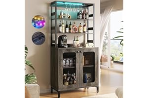 Aheaplus Bar Cabinet with Power Outlets, 67" Tall Wine Bar Cabinet Liquor Cabinet with LED Lights and Glass Holder, Coffee Bar Station for Living Room, Microwave Stand Bakers Rack Cabinet, Black Oak