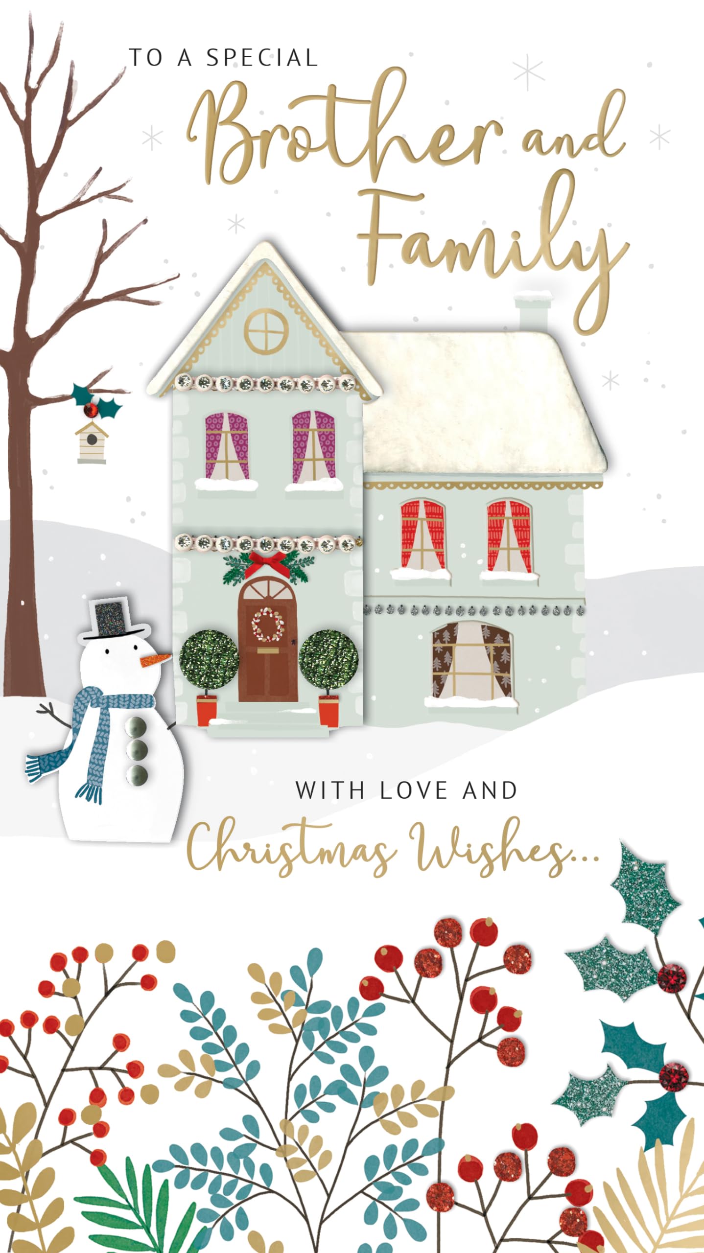 Brother & Family Snowman Embellished Christmas Card Hand-Finished Champagne Cards XCDC435