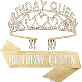 CAVETEE Birthday Queen Tiara and Sash - Gold Alloy, Multi-colored Stones, Women's Birthday Party Favors
