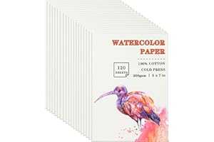 Silunkia 120 Sheets 100% Cotton Watercolor Paper 5 x 7, 140lb/300gsm Heavyweight Art Cold Pressed Off White Paper for Kids Students Adults Beginner Artists Drawing Valentine Gift Cards
