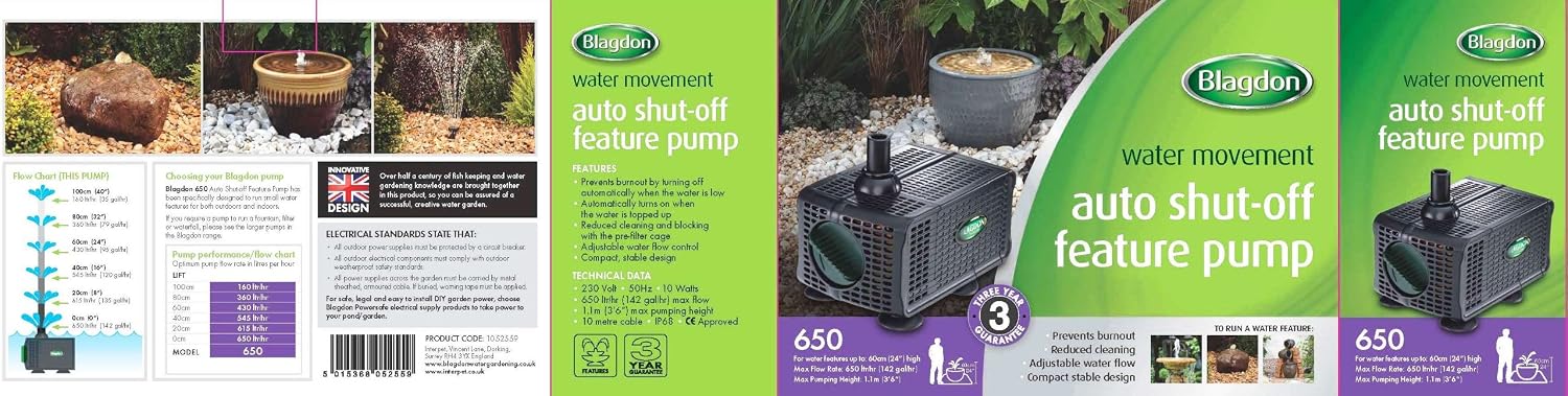 Blagdon Water Feature Pump with Auto Shut Off Sensor Prevents Burnout, Adjustable Flow Control, Reduced Cleaning, 3 Hose Fitting Adaptors - Image 4