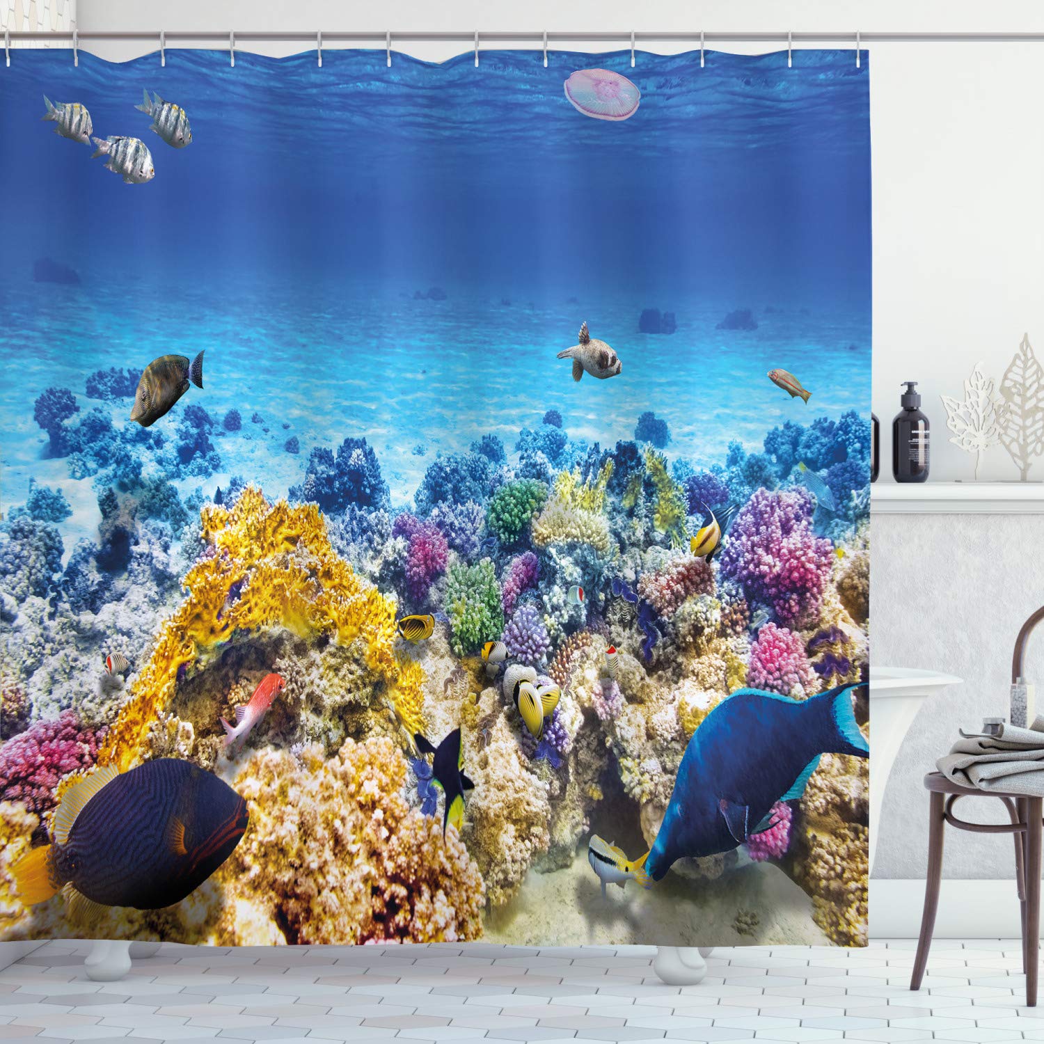 ABAKUHAUS Fish Shower Curtain, Underwater Sea World Scene Goldfish Starfish and Jellyfish Depth Diving Concept, Cloth Fabric Bathroom Decor Set with Hooks, 70 Inches, Turquoise