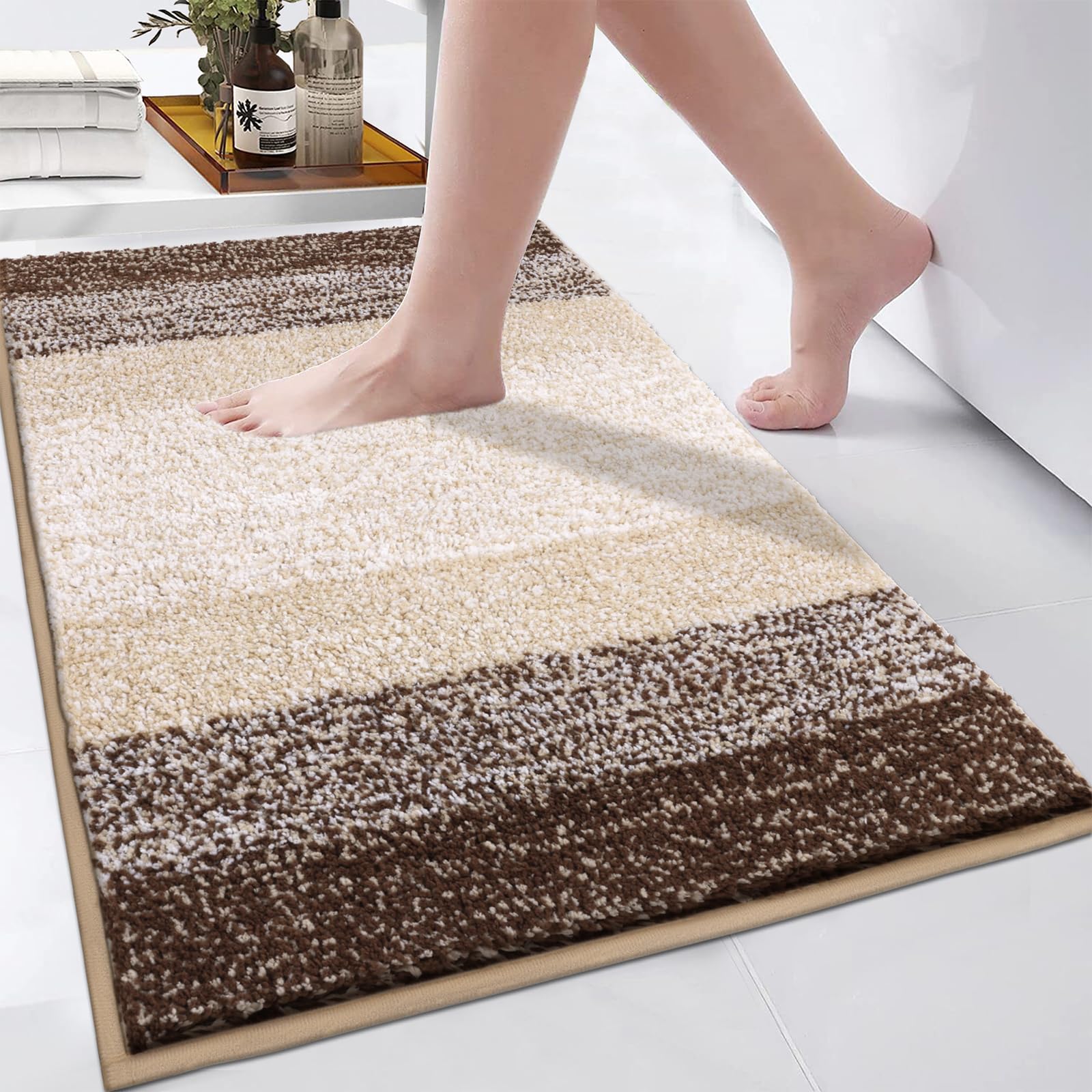 Enyhom Microfiber Extra Soft Bathroom Mat Non Slip Washble Bath Rug Fluffy Water Absorbent Bathroom Floor Rug, Coffee 60 x 90 cm