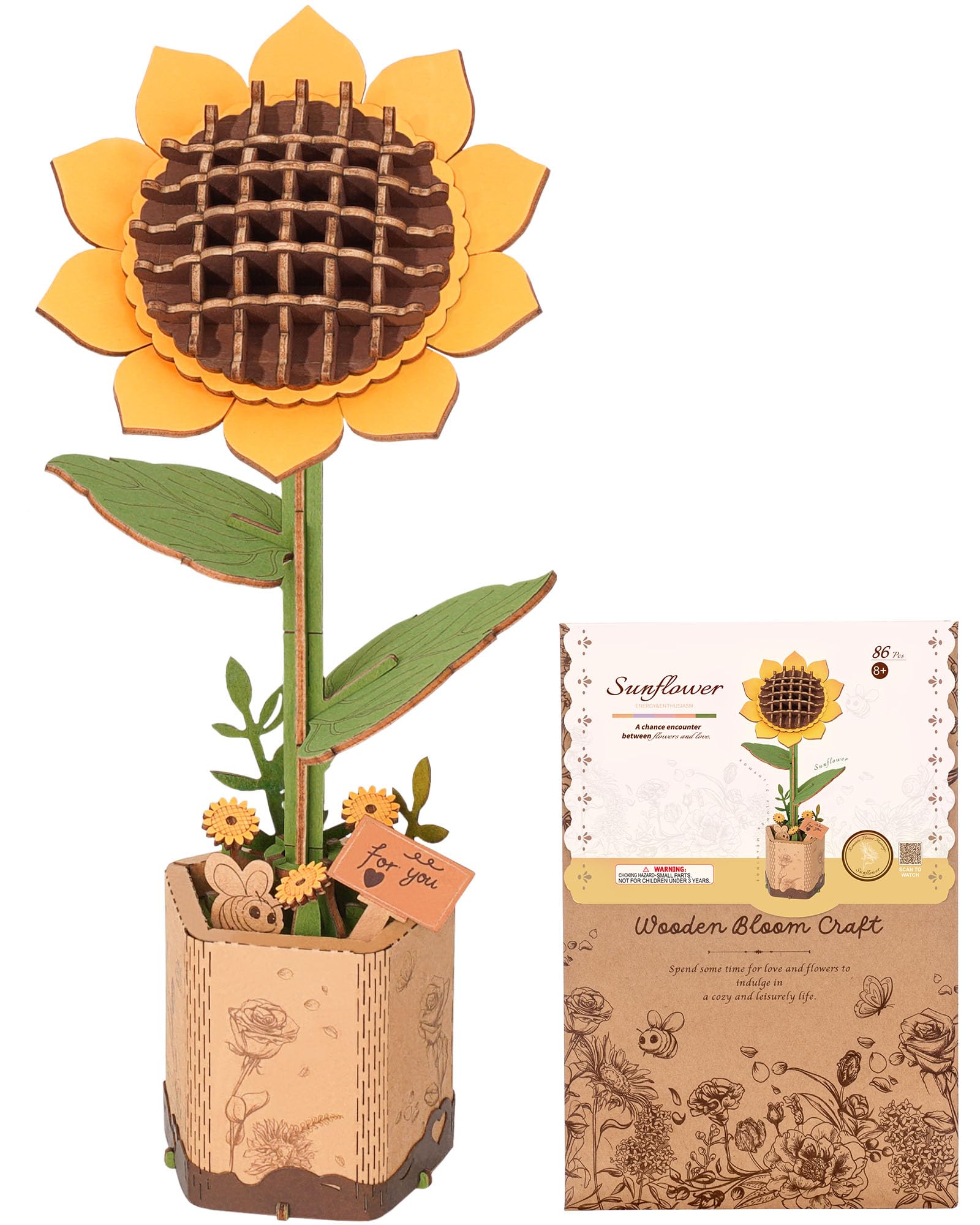 ROBOTIME 3D Puzzle Sunflower, Wooden Artificial Flowers Model Kits for Adults to Build, Home Decor Accessories Living Room, Gifts for Women on Valentine's Day