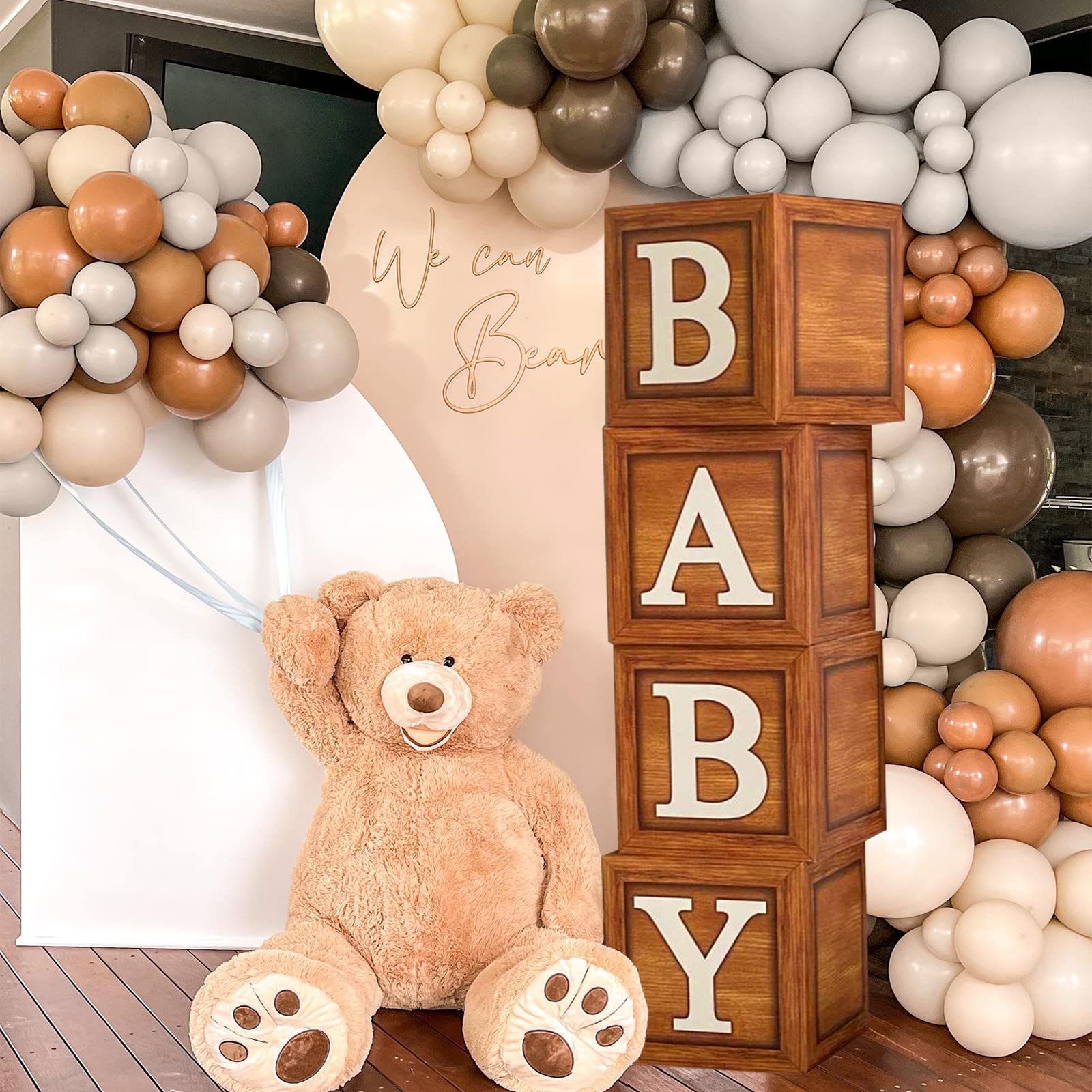 Photo 1 of Baby Shower Decorations Baby Boxes with Letters, 4pcs Wood Baby Shower Brown Blocks with Printed BABY Letter, Gender Reveal Decorations, Woodland Baby Shower Girl Boy,Teddy Bear Theme Party