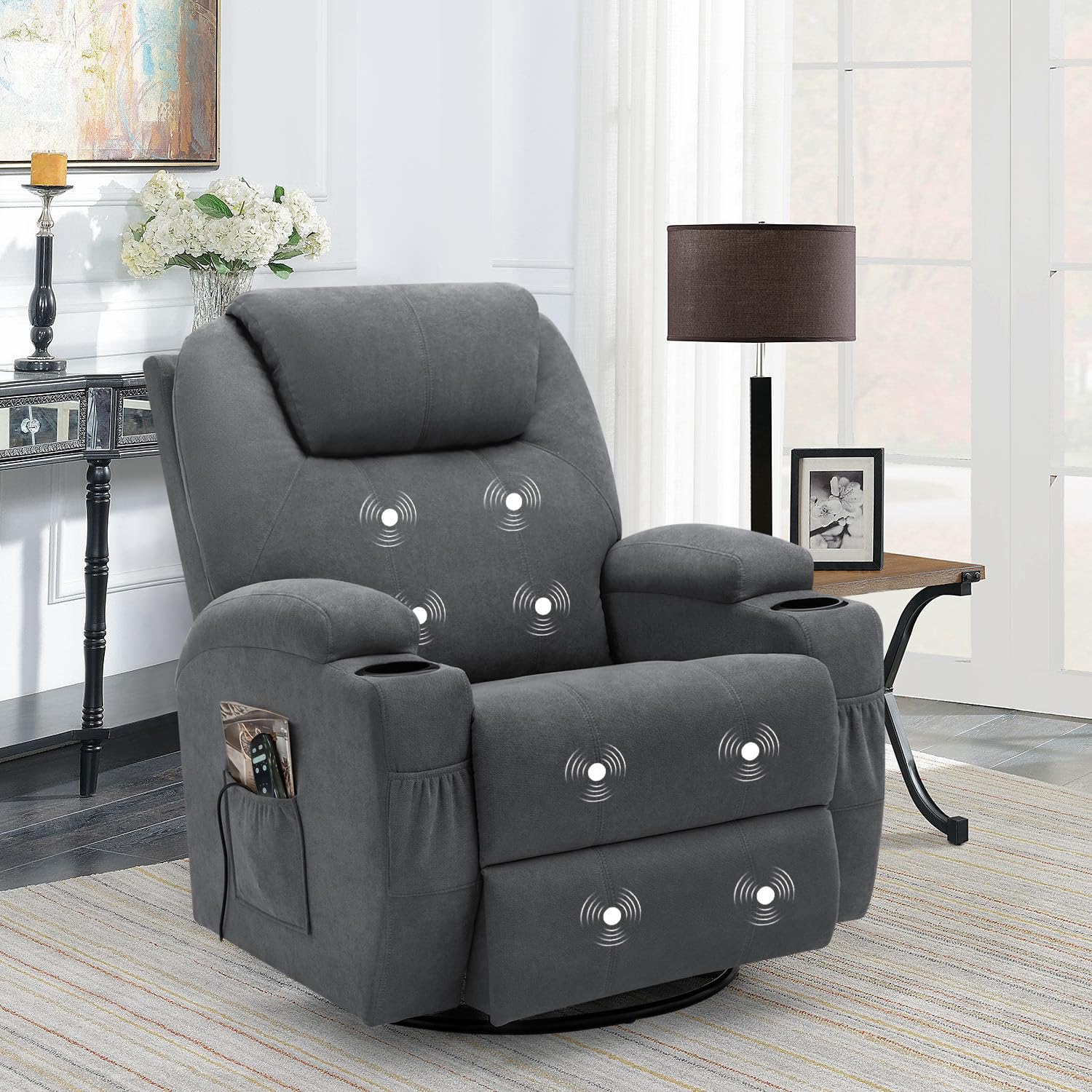 Photo 1 of [Only half of chair] Flamaker Rocking Chair Recliner Chair with Massage Swivel Ergonomic Lounge Chair Classic Single Sofa with 2 Cup Holders Side Pockets Living Room Chair Home Theater Seat (Gray)