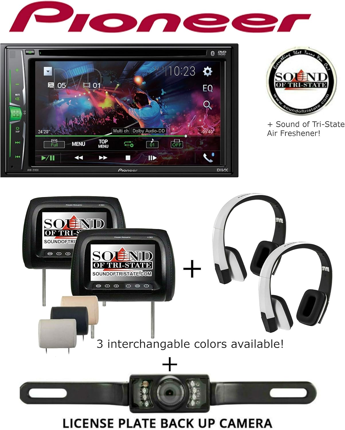 Sound of Tri-State Pioneer AVH211EX Multimedia Receiver with Two 7" LCD Screen Headrest Monitor w/Two 2-Channel Wireless IR Snow White Headphones and License Plate Backup Camera
