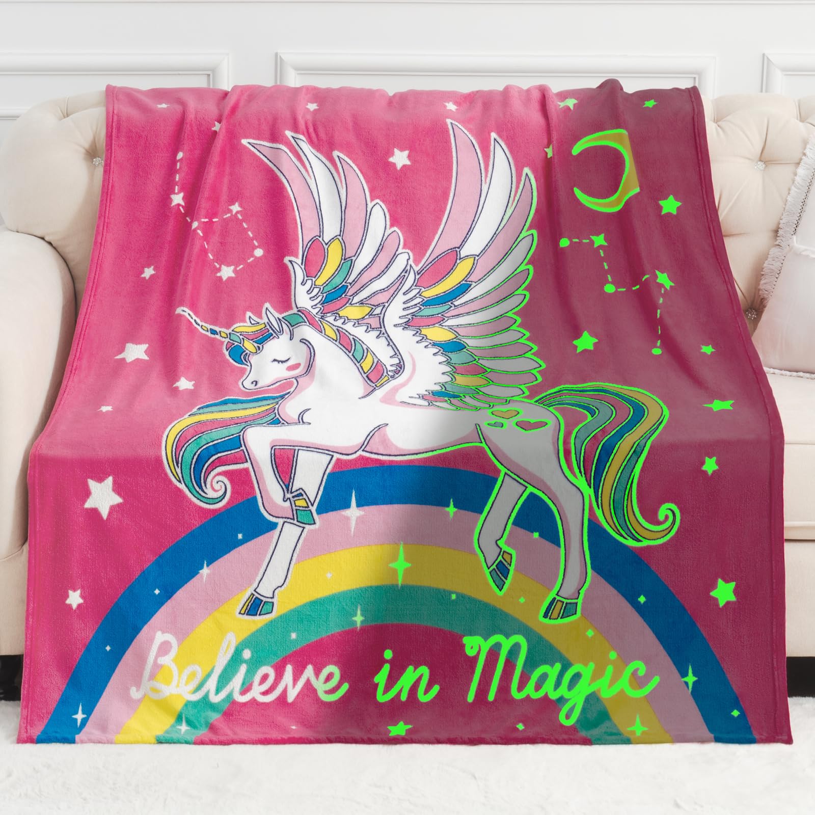 Photo 1 of Unicorn Gifts Toys for Kids Girls - Glow in The Dark Blanket Age 1-13 Years Old Birthday Christmas Valentine's Gift Easter Presents Toddler Teen Daughter Grandkids Rainbow Moon Stars Throw 50"x60"