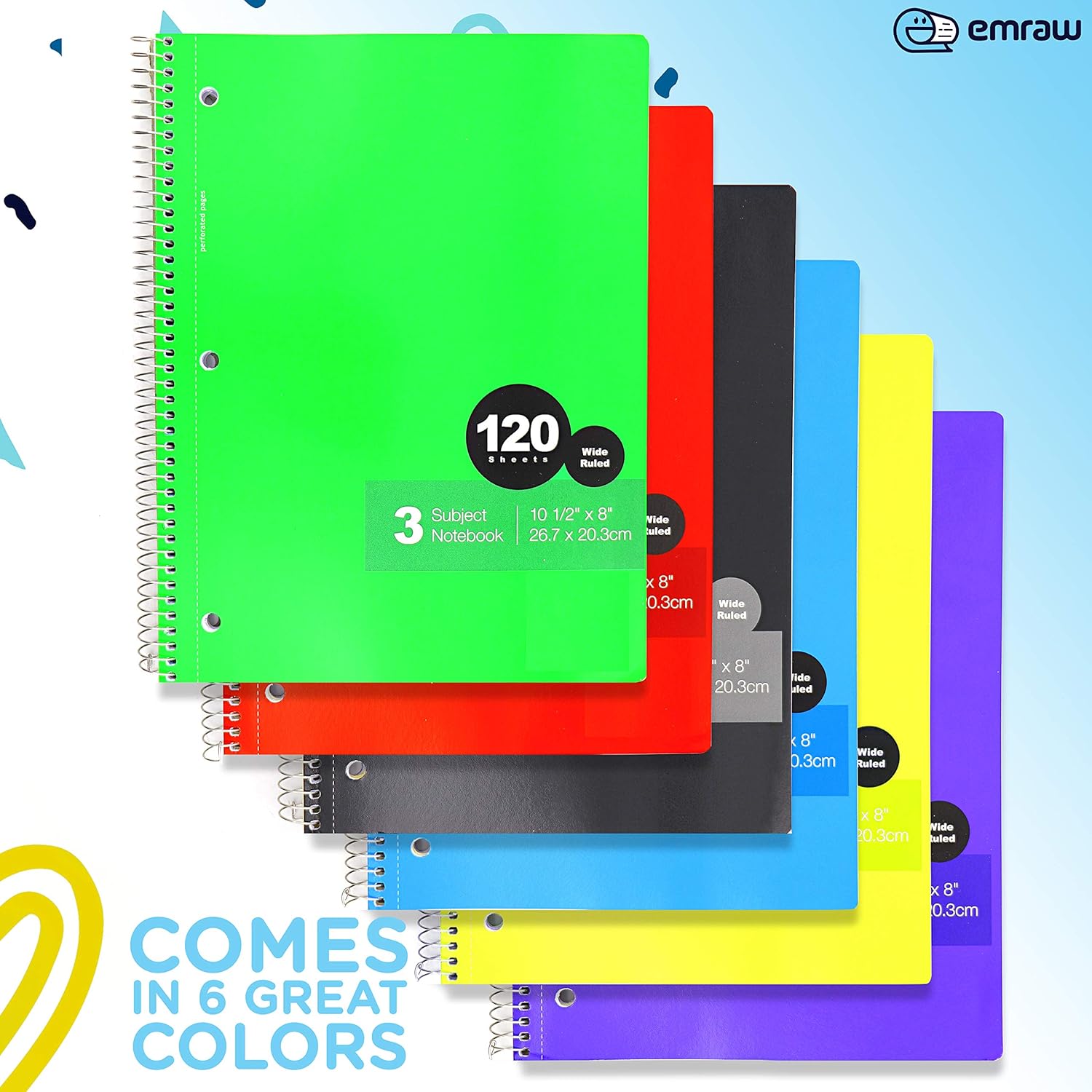 Emraw 3 Subject Spiral Notebooks, Wide Ruled, 120 Sheets White Paper Ideal for Class Assignments, Homework, Planning and General Notes (Pack of12): Office Products