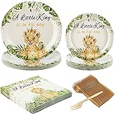 XIHUADOU 96Pcs Lion Shower Tableware Set Jungle Theme Party Supplies for Sa fari Theme Birthday Supplies Animals Plates and Napkins(24 sets)