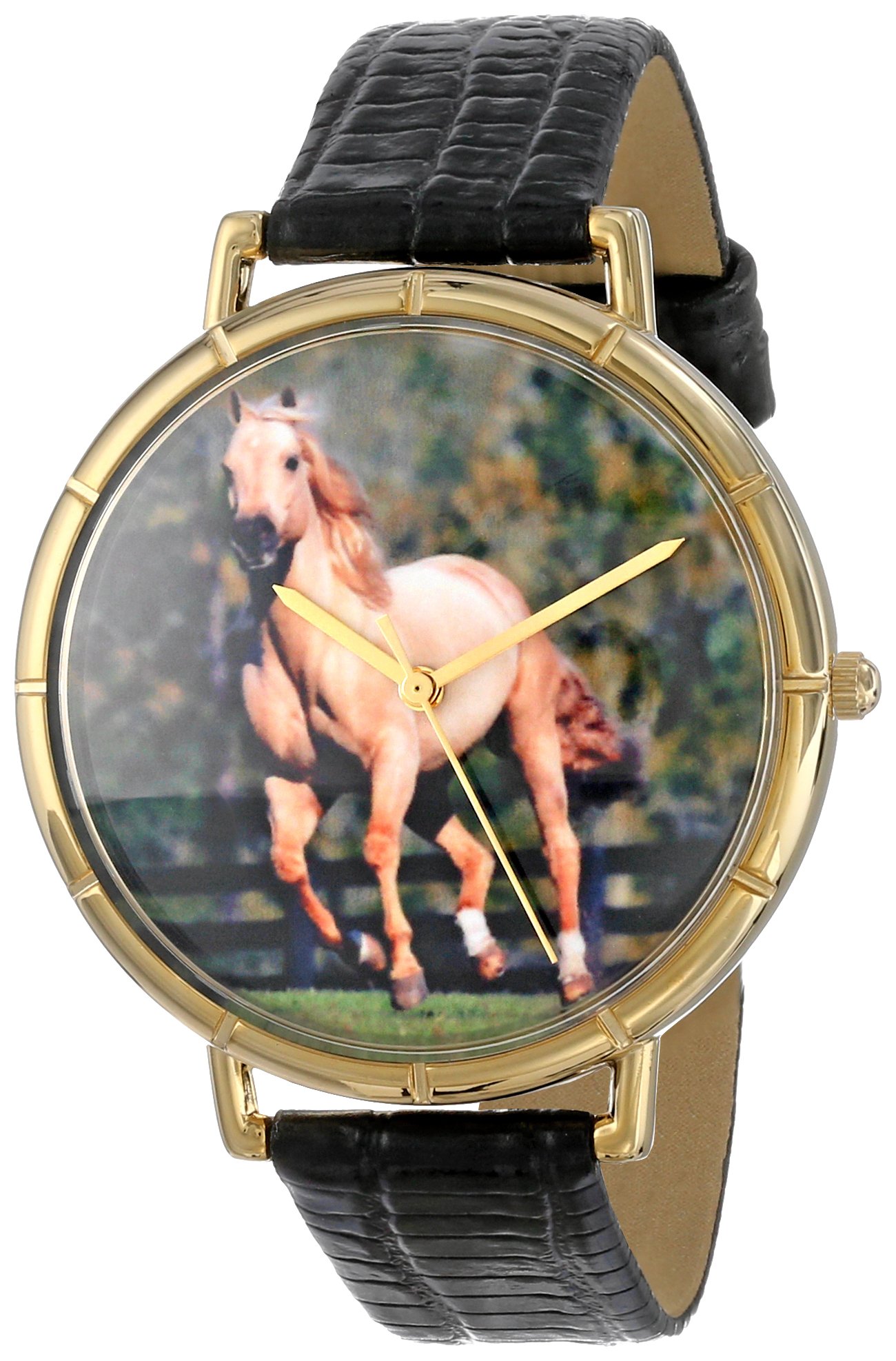 Whimsical Watches Quarter Horse Black Leather and Goldtone Photo Unisex Quartz Watch with White Dial Analogue Display and Multicolour Leather Strap N-0110030