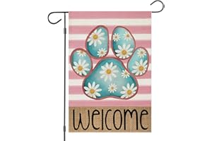 EKOREST Welcome Spring Garden Flags for Outside, Dog Paw with Daisy Flowers Stripes Yard Decoration, Small Seasonal Outdoor Decor for Wedding Anniversary Farmhouse Holiday,12x18 Inch Double Sided