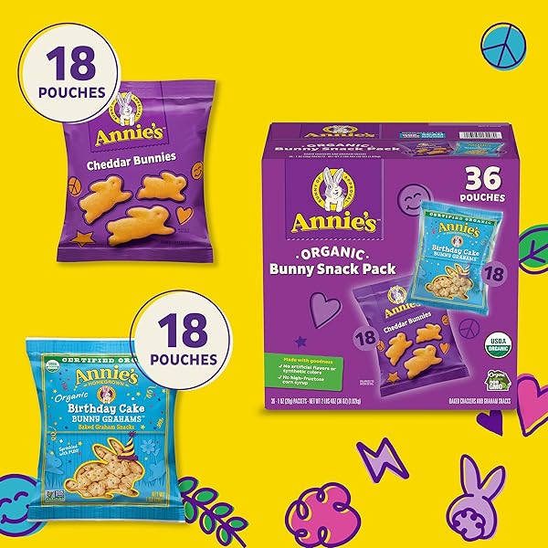 ANNIE’S ORGANIC BIRTHDAY CAKE BUNNY GRAHAMS AND CHEDDAR BUNNIES SNACK PACK 36 COUNT, 36 OZ