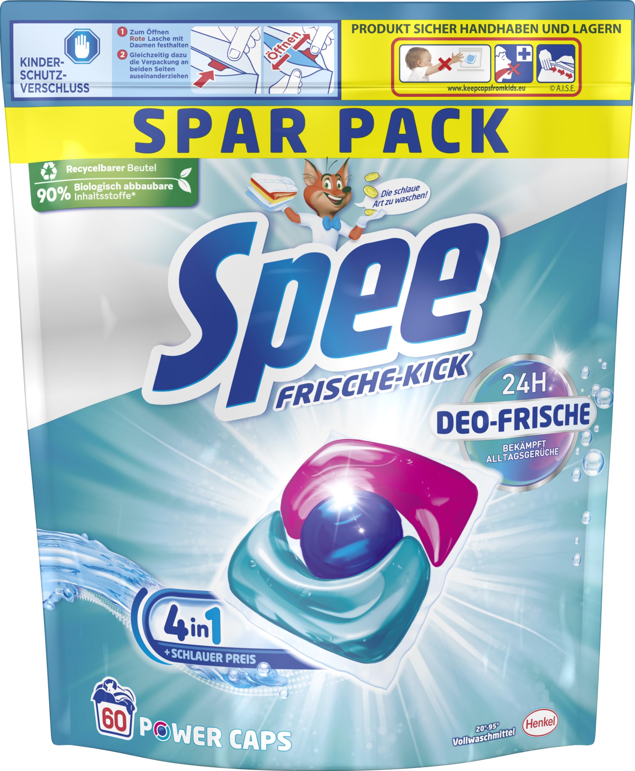 Spee Power Caps Fresh Kick 120 Deodorant (2 x 60 Washes), 4+1 Formula for 24 Hours Freshness, Temperature Range 20°-95°C 3