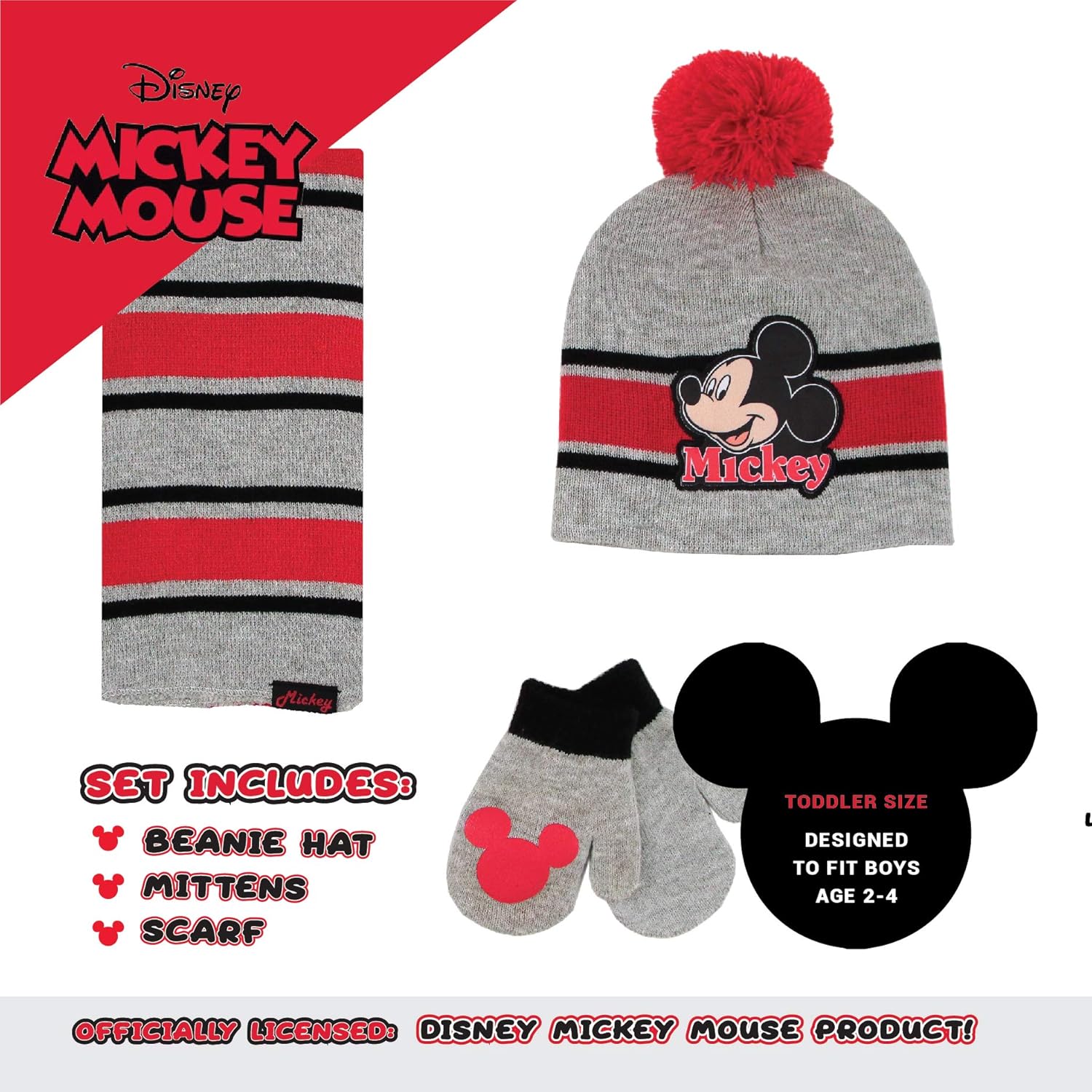 Mickey Mouse boys Scarf, and Mitten Set Cold Weather Hat, Grey/Red, 2-4T US: Clothing
