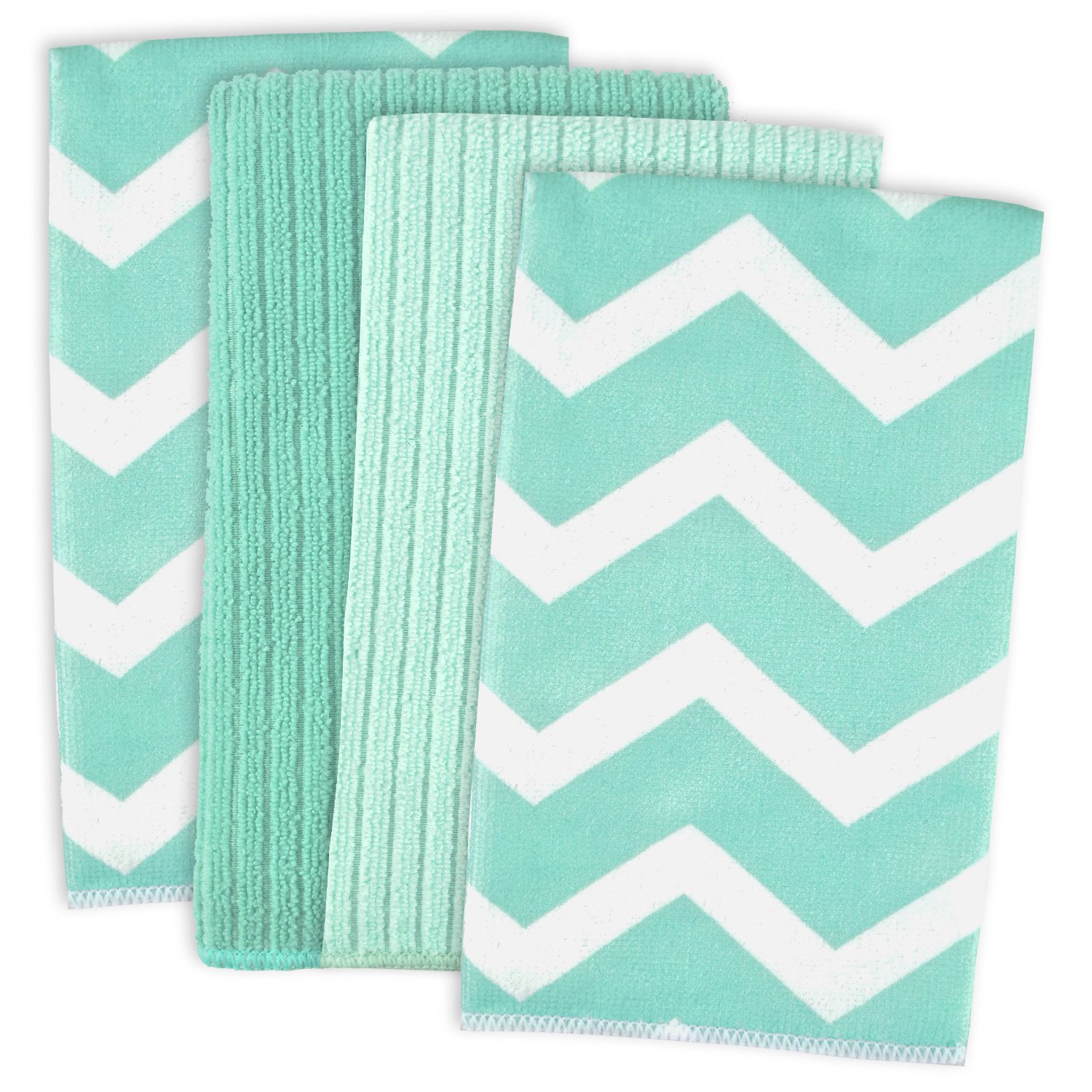 DII Microfiber Multi-Purpose Cleaning Towels Perfect for Kitchens, Dishes, Car, Dusting, Drying Rags, 16 x 19, Set of 4 - Aqua Chevron