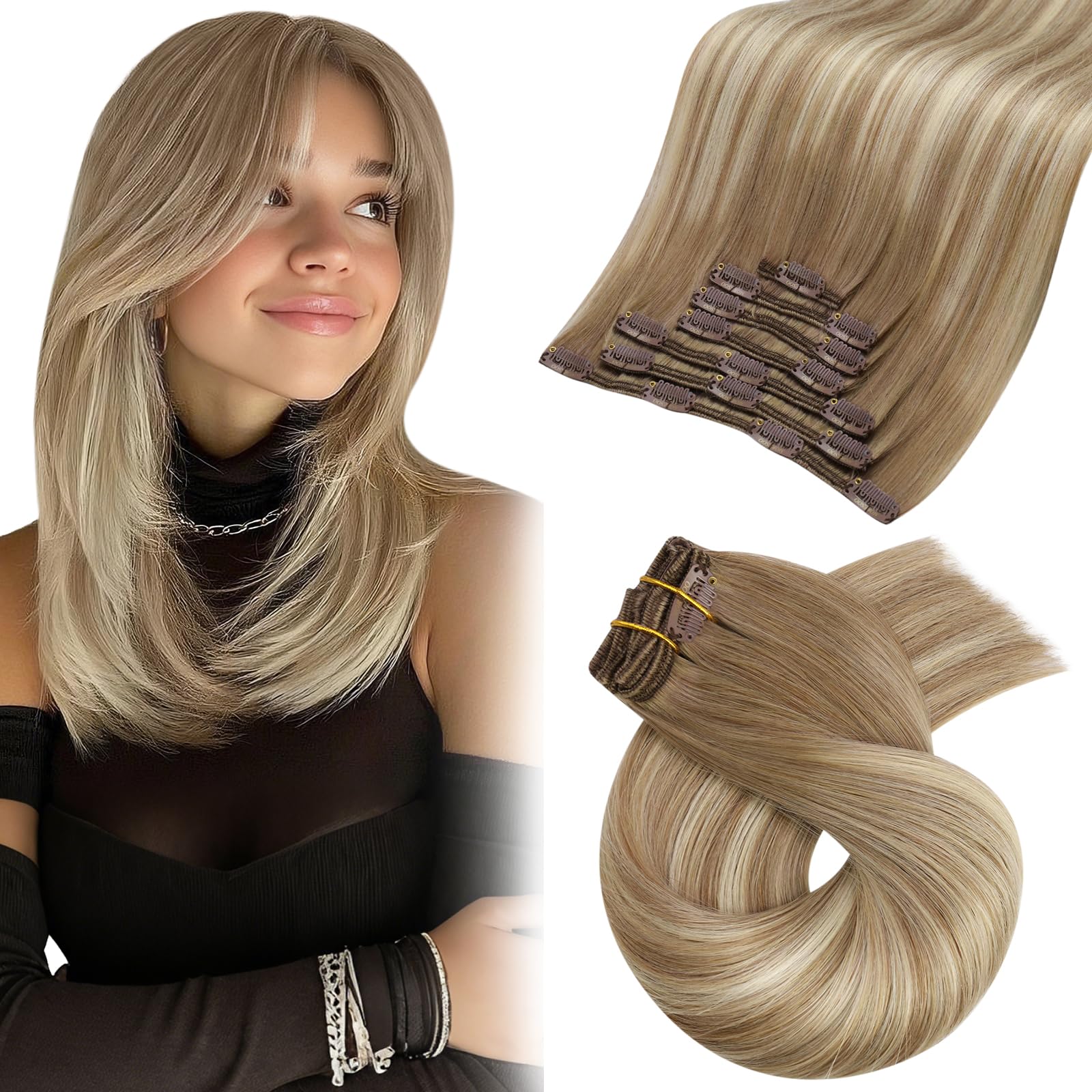 Moresoo Real Hair Clip in Extensions Balayage Light Brown and Medium Blonde Double Weft Clip in Human Hair Extensions Add Volume for Women Layered Short Hair 14 Inch 5pcs/80g #8/22/8 โ image 1