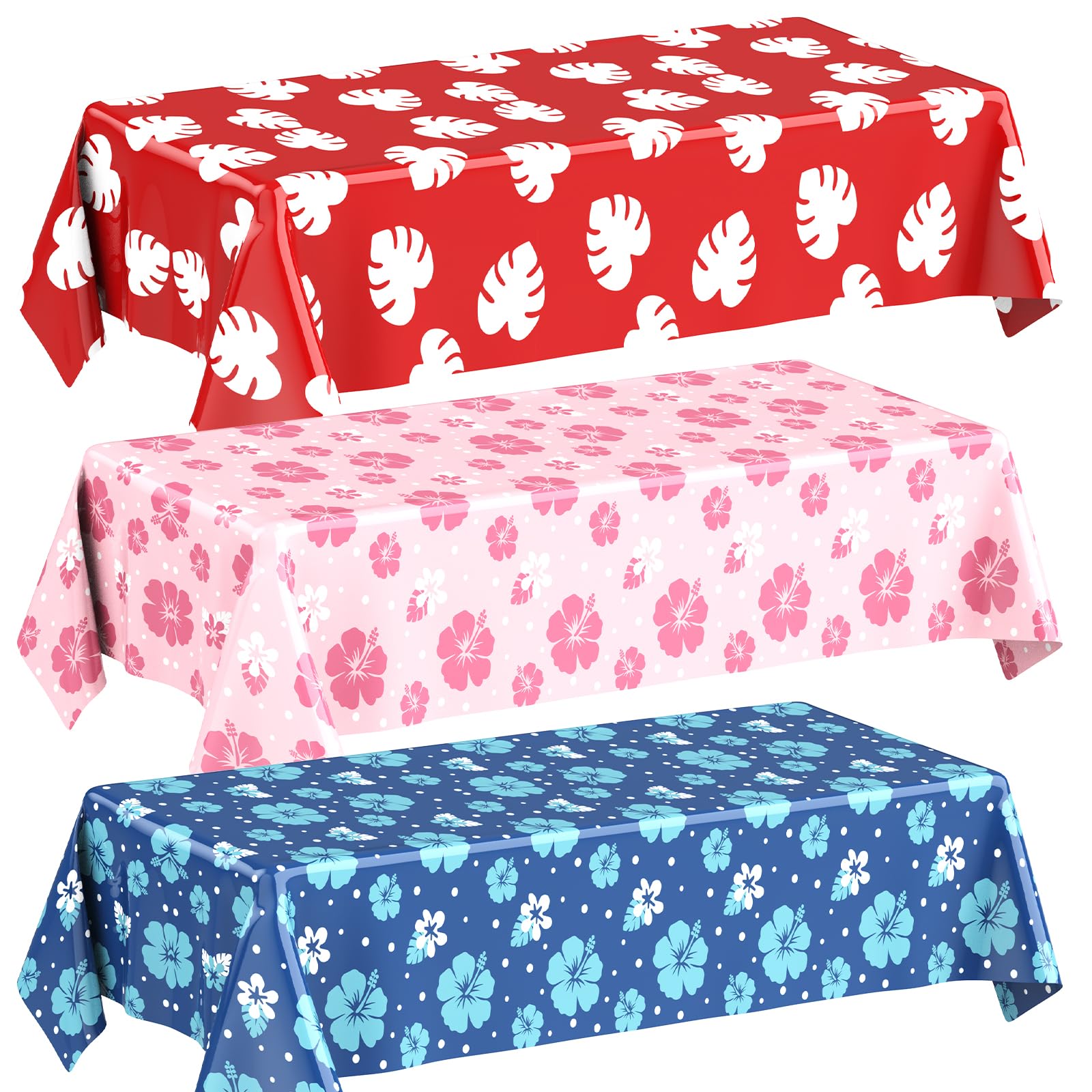 Photo 1 of Oudain 3 Sheets Hawaii Hibiscus and Tropical Leaves Tablecloth Birthday Party Decorations Blue Alien Cartoon Table Covers for Birthday Party Supplies
