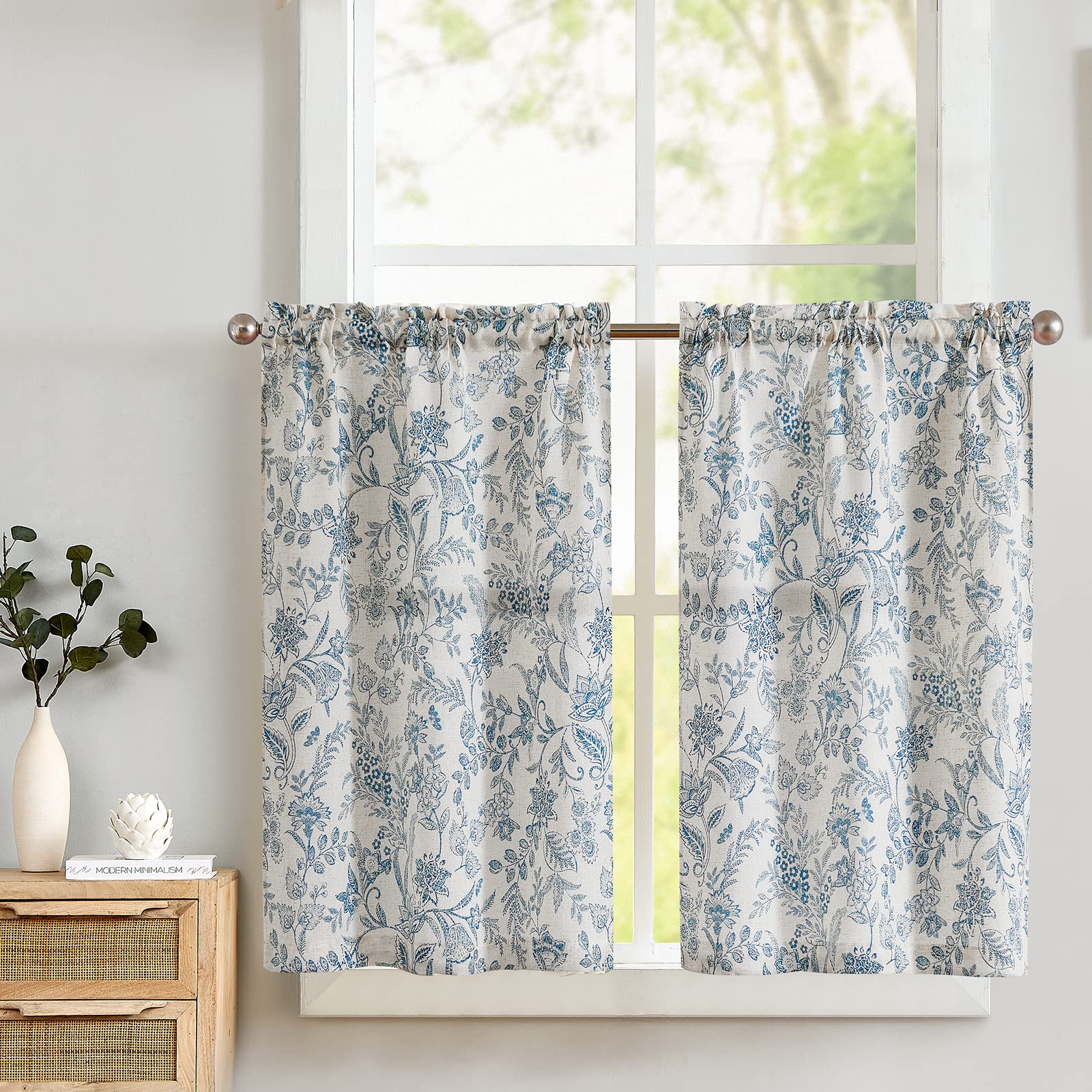 TOPICK Blue Floral Linen Blend Kitchen Curtains 24 Inch Drop Small Cafe Curtains Light Filtering Curtain Tiers for Bathroom Sink Rod Pocket 2 Panels
