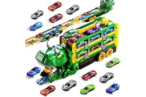 Vanvimen Toddler Car Truck Toys Gifts for 3 4 5 Years Old Boys, Dinosaur Transport Truck Cars Tracks Toys with 12 Pcs Die-Cast Cars, Transforms into Dino, Toy Gifts for 3 4 5 6 Year Old Boys