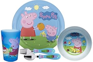 ZAK DESIGNS zak! Peppa Pig - 5-Piece Dinnerware Set - Durable Plastic & Stainless Steel - Includes Tumbler, 8-Inch Plate, 6-Inch Bowl, Fork & Spoon - Suitable for Kids Ages 3+