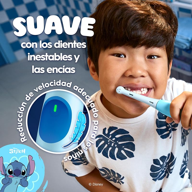 iO Kids Disney Stitch escova de dentes elétrica para crianças +6 anos, 1 cabeça, Travel Case, 3 modos com modo sensível Adequado para crianças, temporizador com música