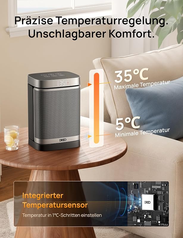 Heizlüfter Energiesparend Klein, 1500W Heizung Elektrisch mit Thermostat, 70° Oszillierend Elektroheizung, PTC Keramik Heizlüfter Leise, ECO-Modus, 12-Std-Timer, Überhitzungs- & Kippschutz
