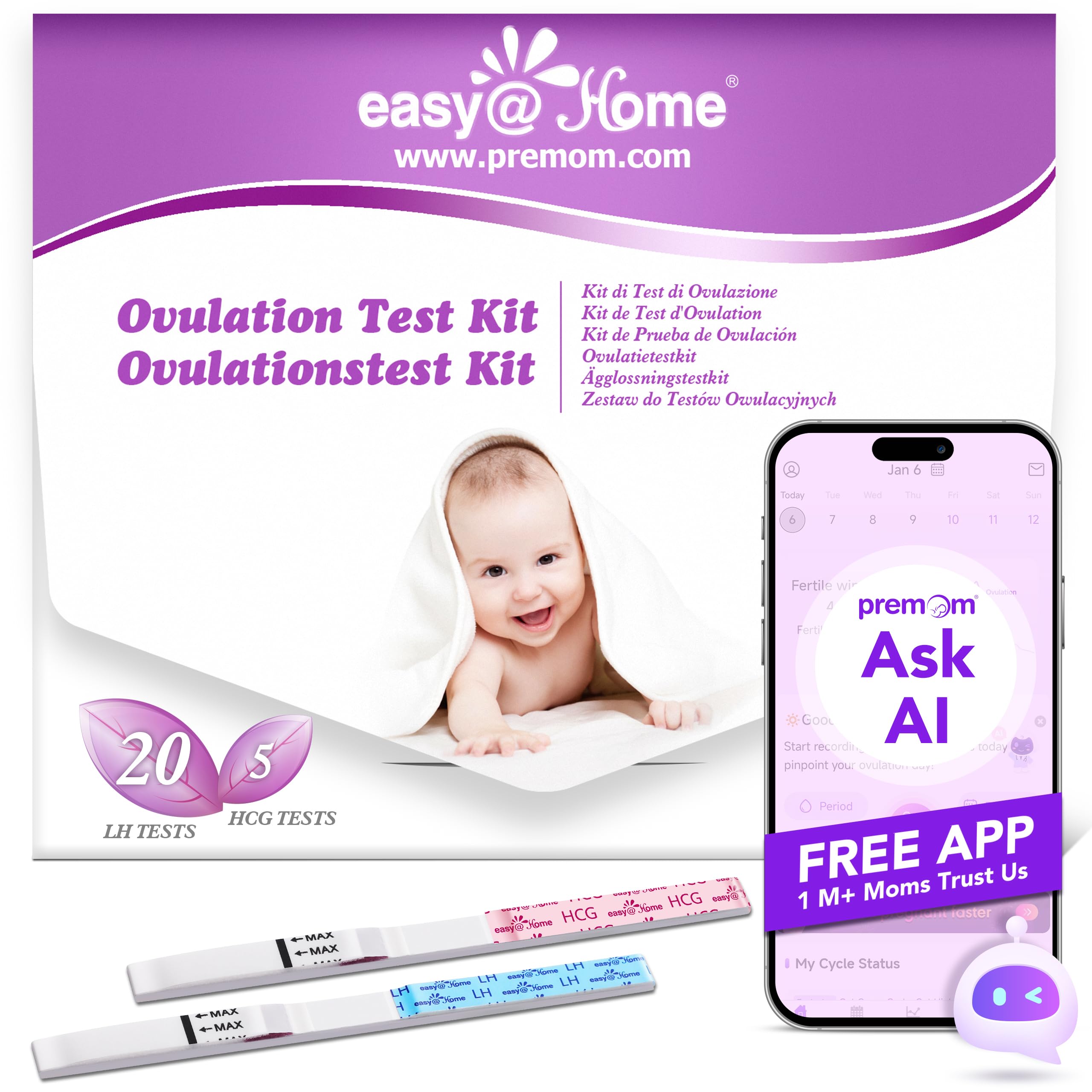 Ovulation Fertility Test Predictor Kit: Easy@Home 20 LH + 5 HCG Strips Accurate Fertility Test for Women Ovulation Monitor - Powered by Premom App